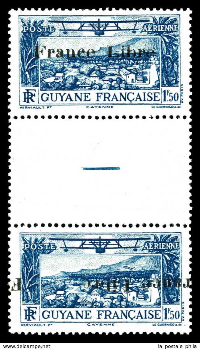 ** GUYANE, Poste Aérienne, N°29B Maury, 1F50 Bleu Surcharge 'FRANCE LIBRE' Renversée Et Déplacée Tenant à Normal Par Int - Usati