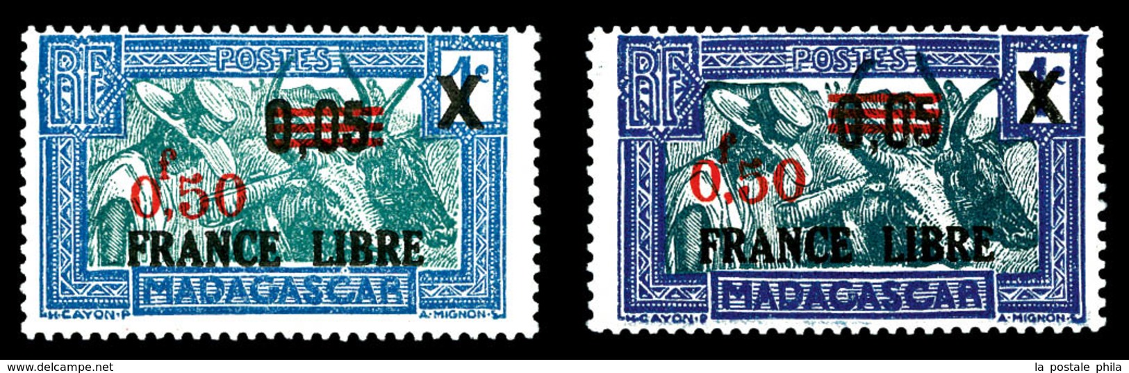 ** MADAGASCAR, N°241A, 0.50 S 0.05 S 1c Bleu Clair Et Vertbleu, Tirage 375 Ex. SUP. R. (certificat)   Qualité: ** - Oblitérés