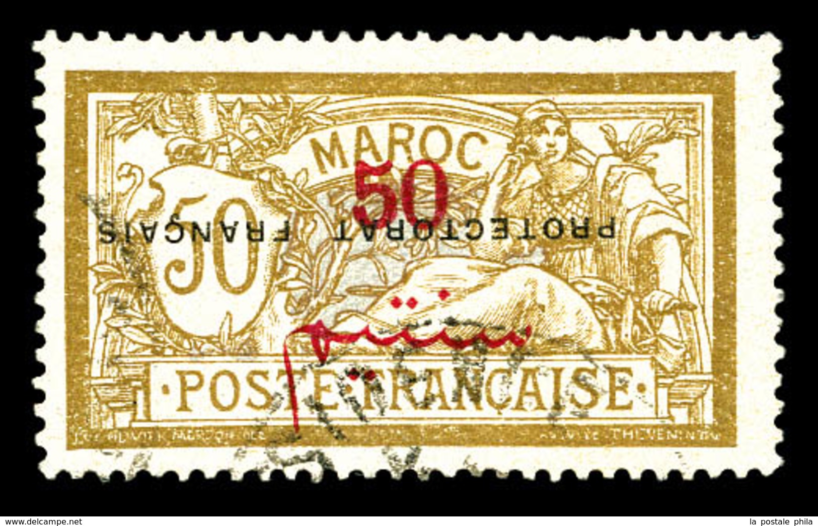 O MAROC BUREAUX Français, N°50a, 50c Sur 50c Merson, Surcharge Renversée. TB (signé Calves)   Qualité: O   Cote: 200 Eur - Used Stamps