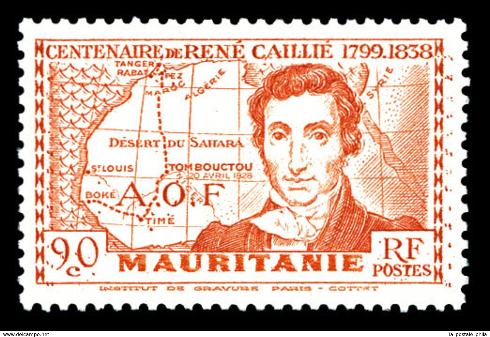 ** MAURITANIE, N°95a, René Caillié, 90c Rouge Terne, GRANDE LEGENDE, SUP (certificat)   Qualité: **   Cote: 585 Euros - Nuovi