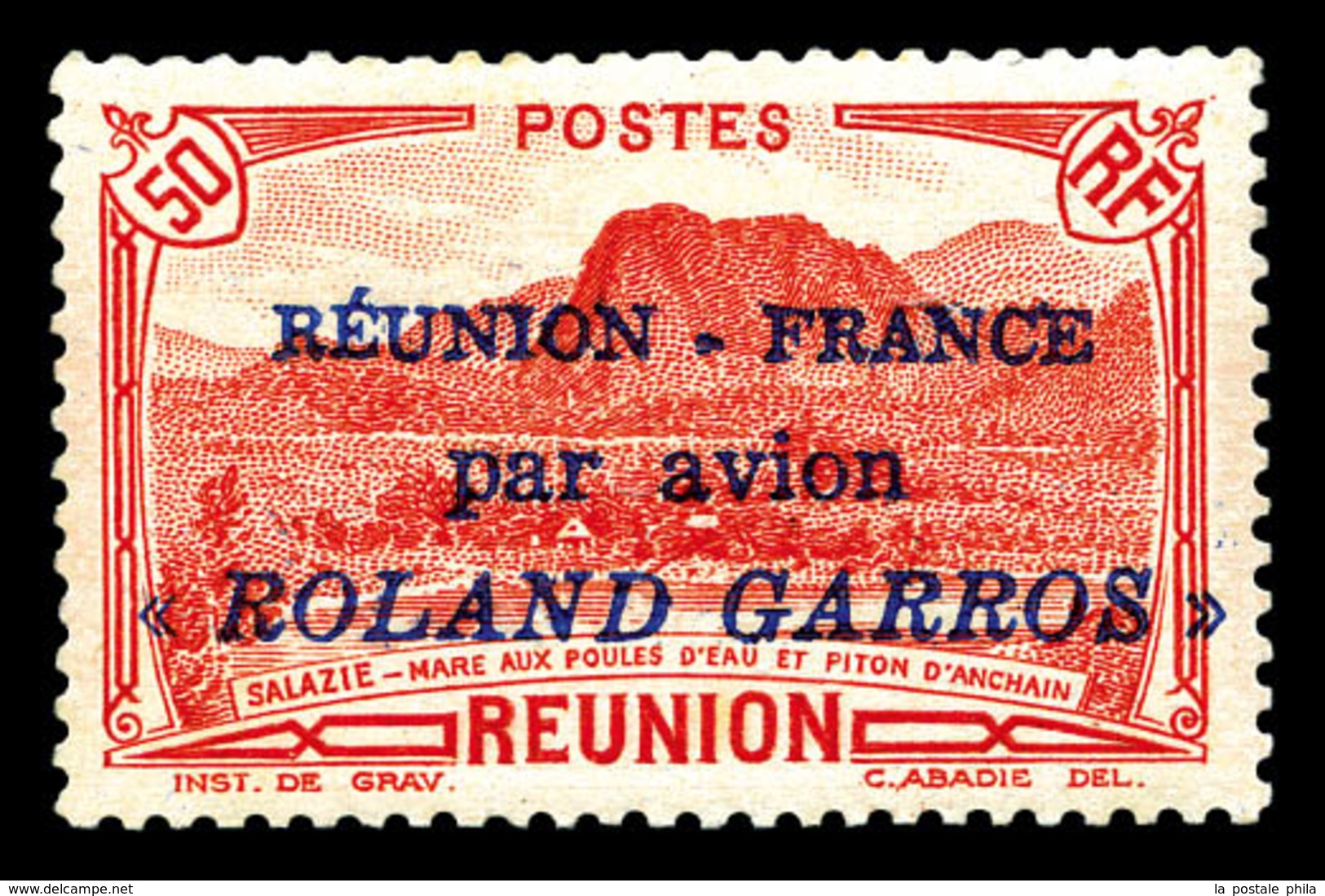 ** REUNION, Poste Aérienne, N°1, 50c Rouge Surchargé 'ROLAND GARROS', TTB (signé Brun)   Qualité: **   Cote: 468 Euros - Nuovi