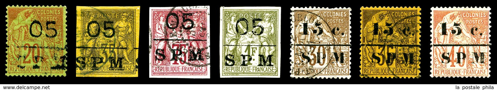 O SAINT PIERRE ET MIQUELON, N°8/14, Colonies Françaises Surchargés 188591, 7 Timbres Dont N° 14 Neuf*. TB (certificat)   - Used Stamps