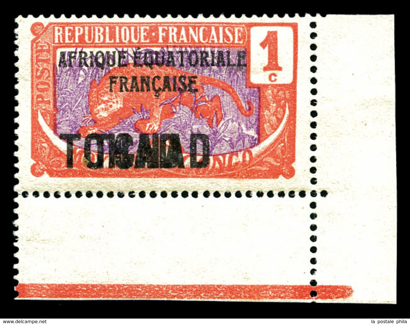 * TCHAD, N°19b, 1c Rouge Et Violet, Double Surchage 'TCHAD', Cdf. TTB (certificat)   Qualité: *   Cote: 400 Euros - Unused Stamps