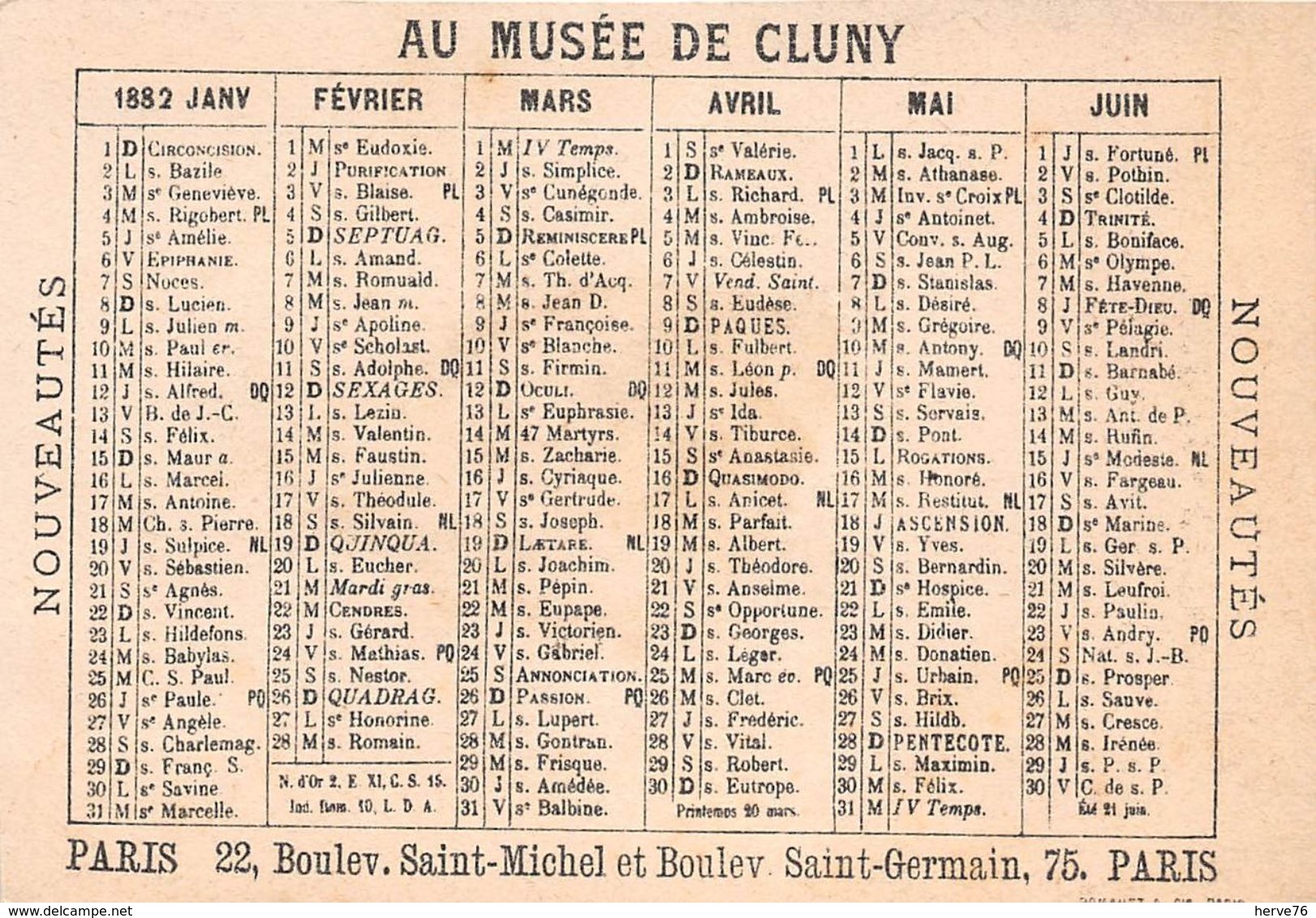 Chromo - Calendrier 1882 (janvier à Juin) - AU MUSEE DE CLUNY - Petit Format : ...-1900