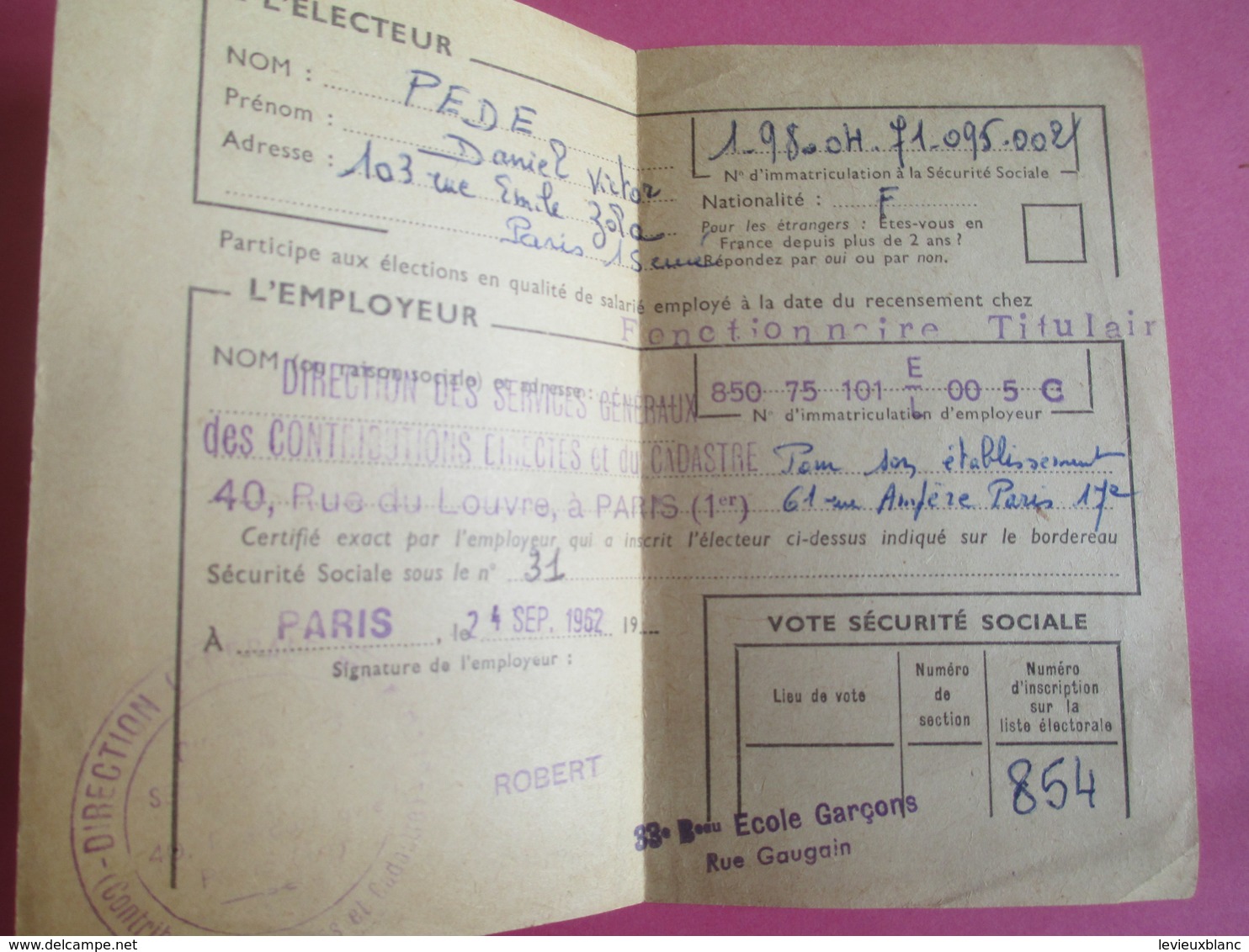 Doc Administratif/Carte D'immatriculation & D'Electeur Sécurité Sociale/Daniel PEDE/Paris/1962 Et  1947         AEC138 - Autres & Non Classés