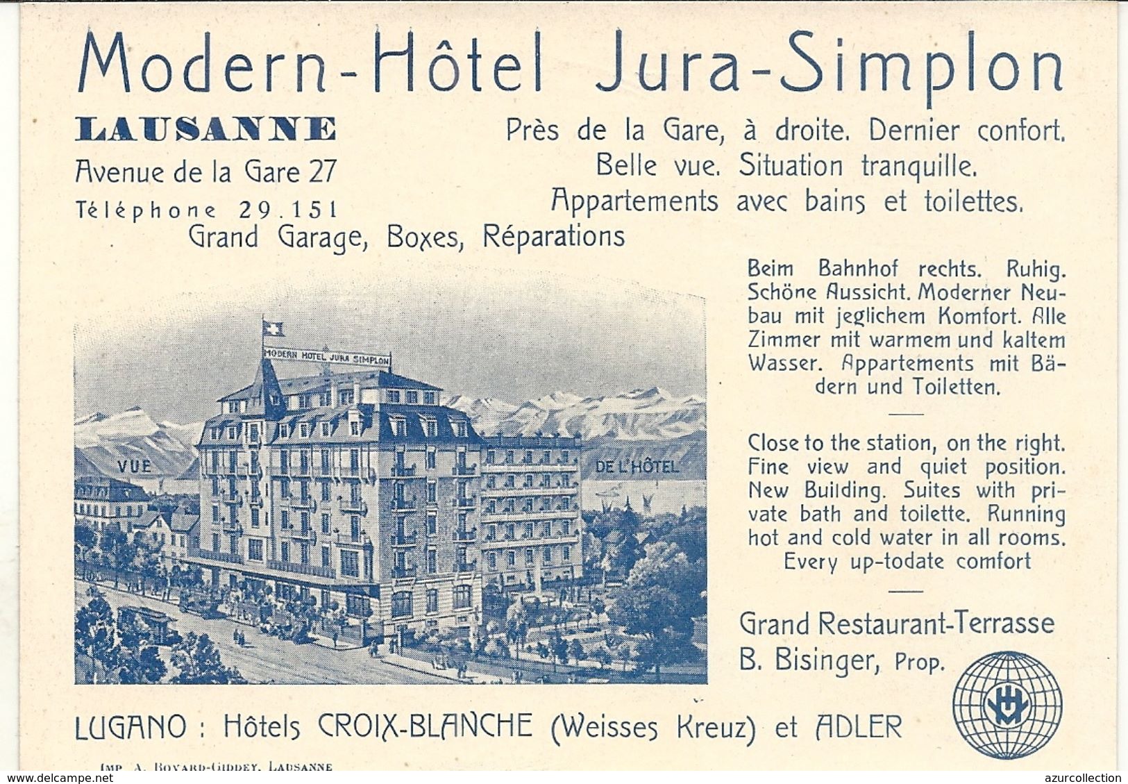 LAUSANNE . HOTEL JURA SIMPLON - Publicités