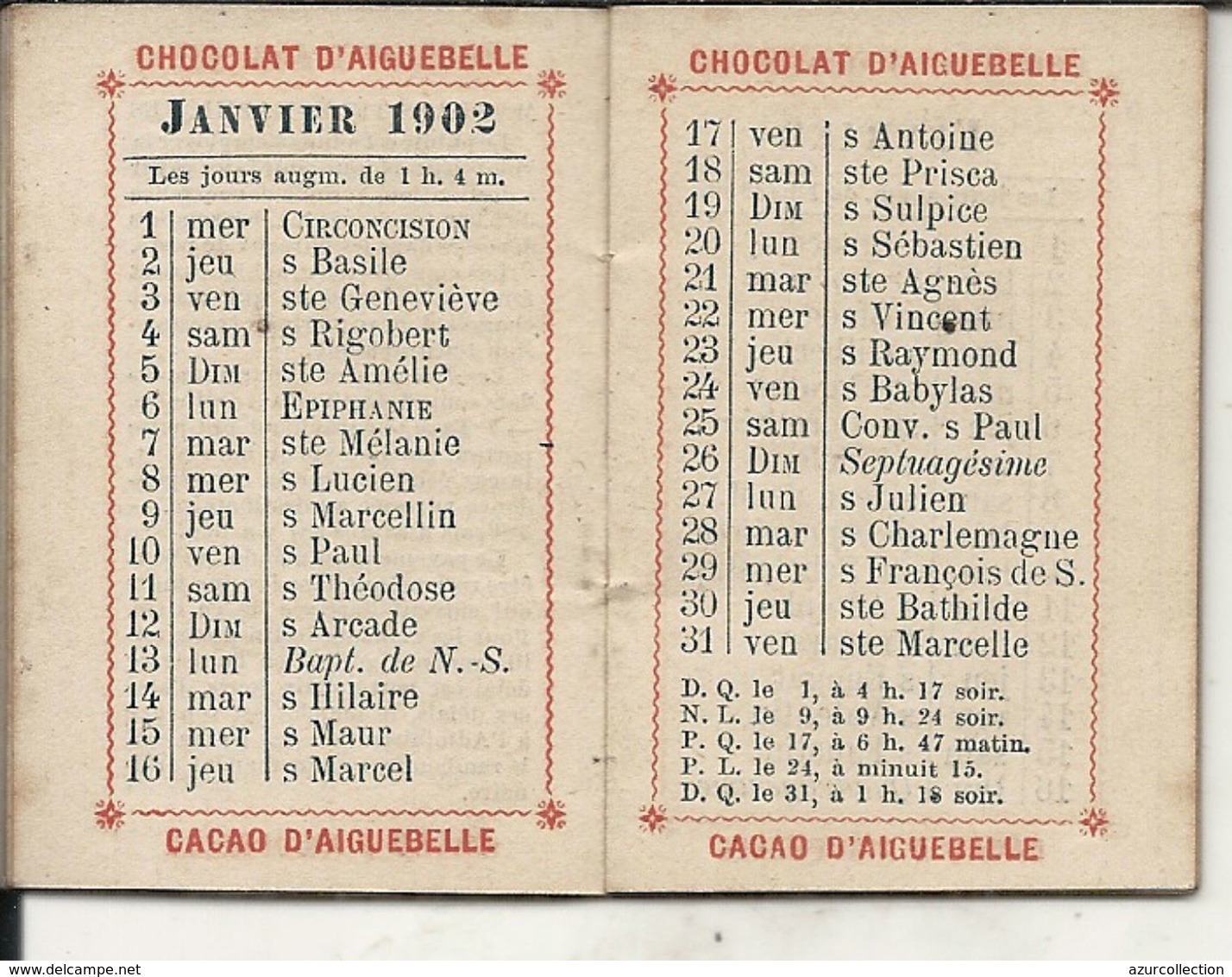 CHOCOLAT D'AIGUEBELLE . MINI CARNET PUB + CALENDRIER 1902 - Small : 1901-20