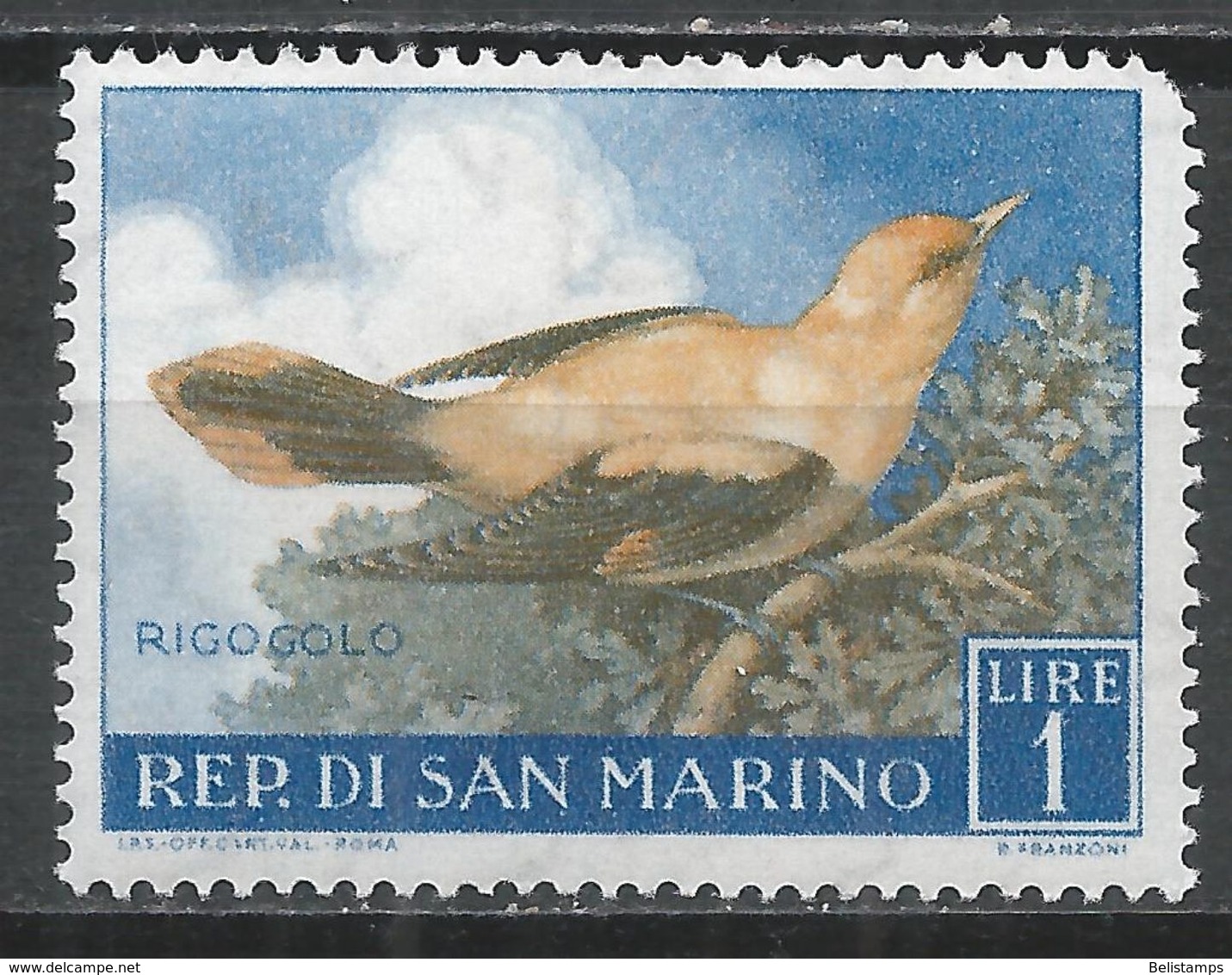 San Marino 1960. Scott #446 (M) Birds, Golden Oriole - Unused Stamps