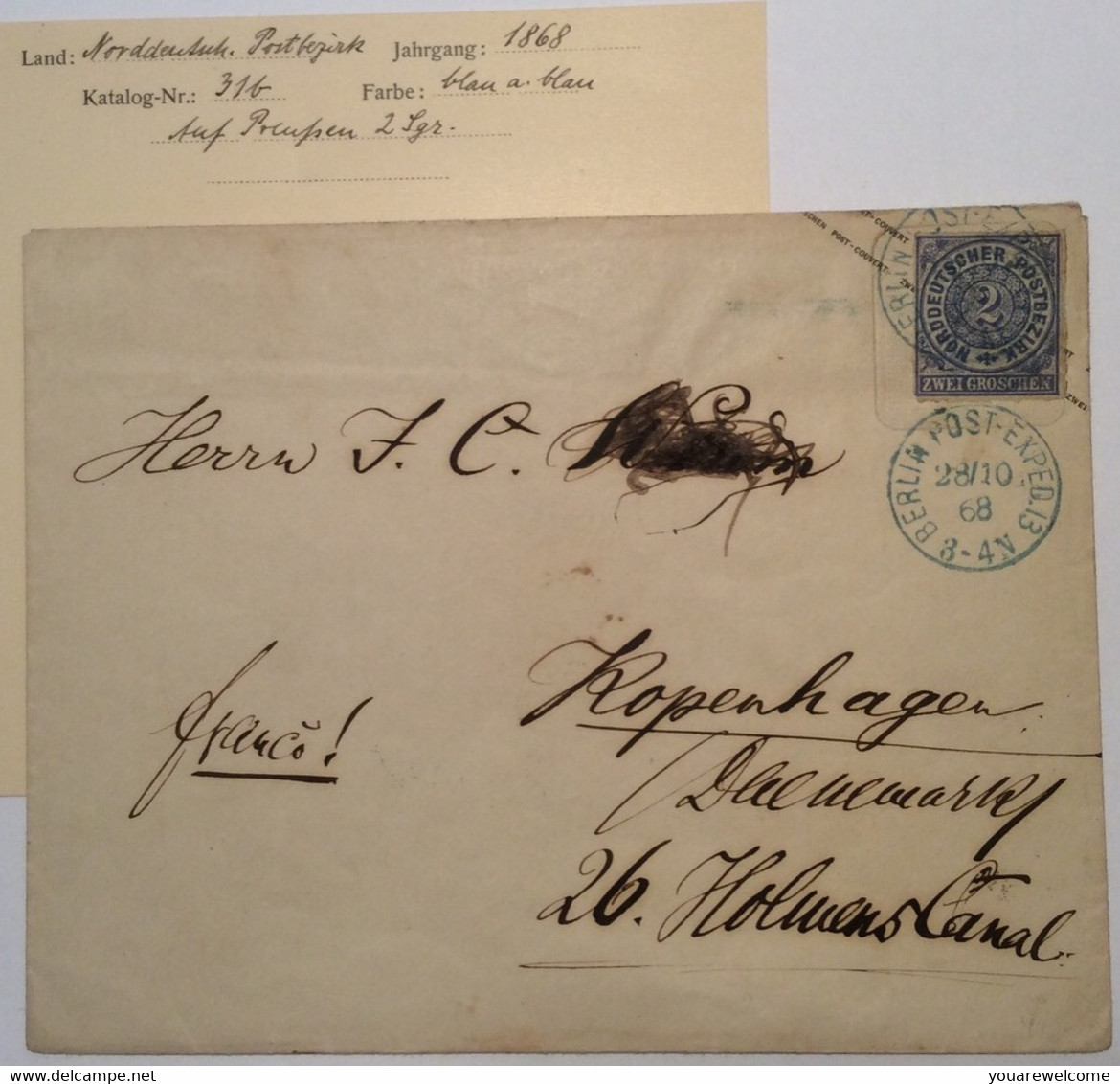 NDP 1868: 2 Gr. Ganzsache Brief Preußen U31B 500€ GROSSFORMAT Stpl. BERLIN >Dänemark - Postwaardestukken
