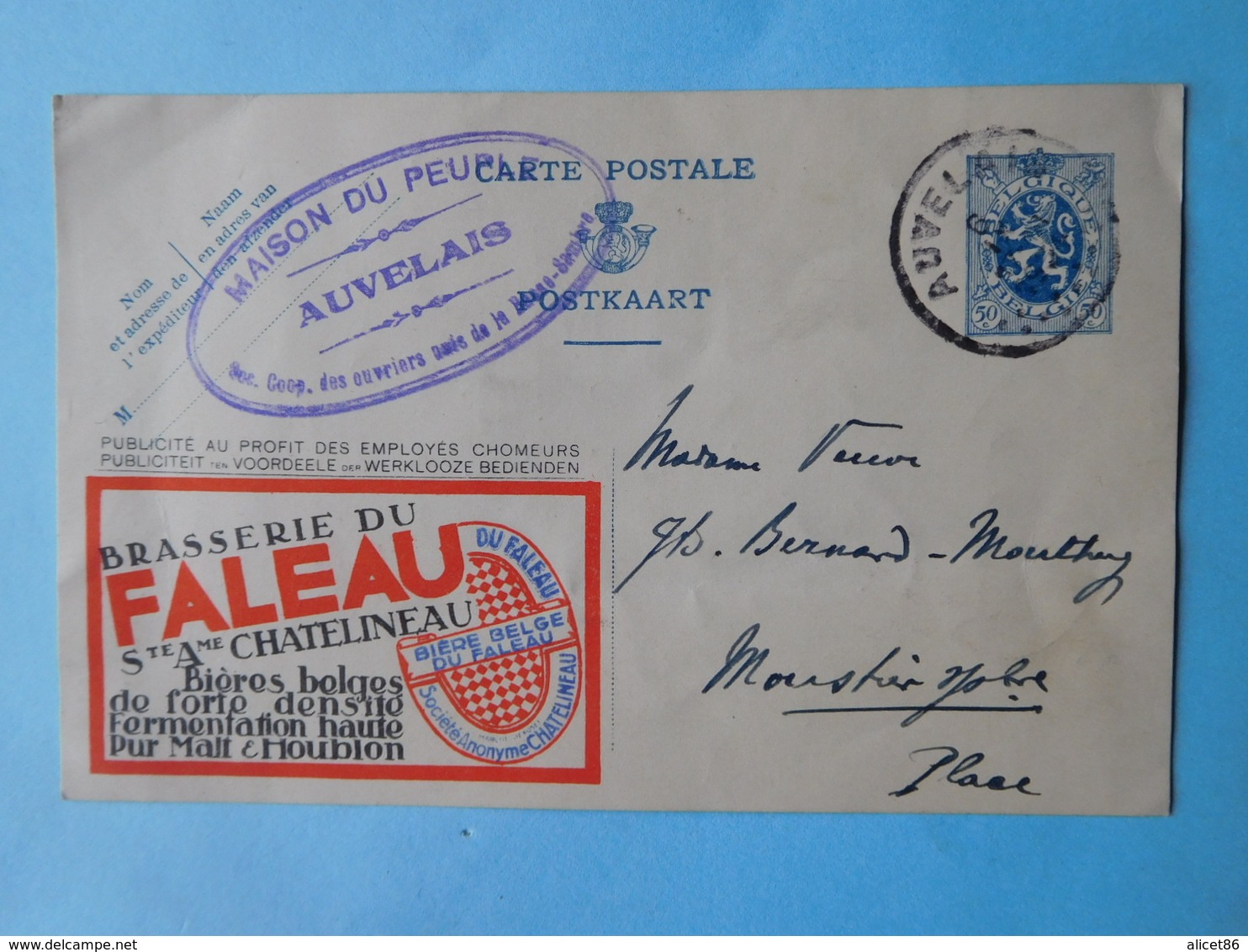 Carte Publicitaire 1934 Brasserie Du Faleau à Chatelineau & Cachet Auvelais Maison Du Peuple - Charleroi