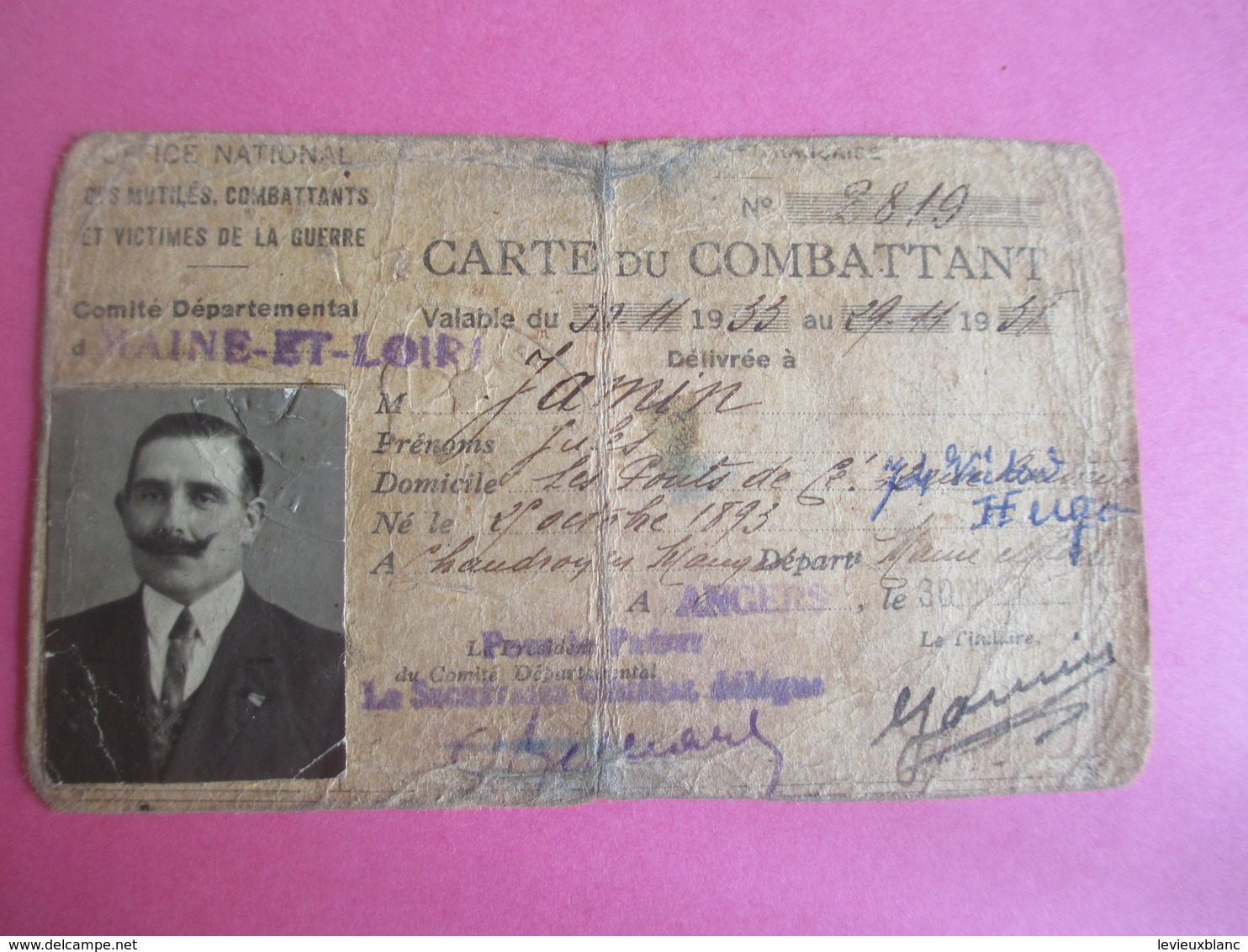 Militaria/Doc Administratif/Carte Du COMBATTANT/Office National/Jules JAMIN/Les Ponts De Cé/M & L/Angers/1928     AEC146 - Autres & Non Classés