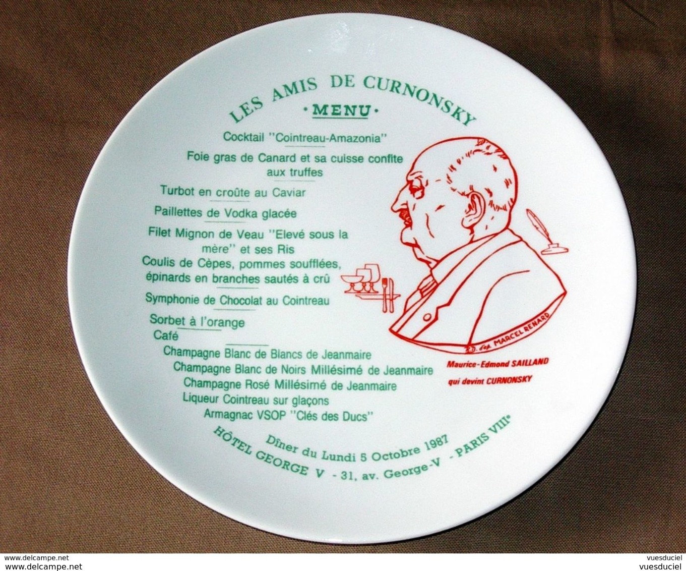 Curnonsky Sailland Menu Cointreau Assiette Souvenir Dîner Georges V 1987 Porcelaine GDA Limoges Angers Lyon Gastronomie - Teller