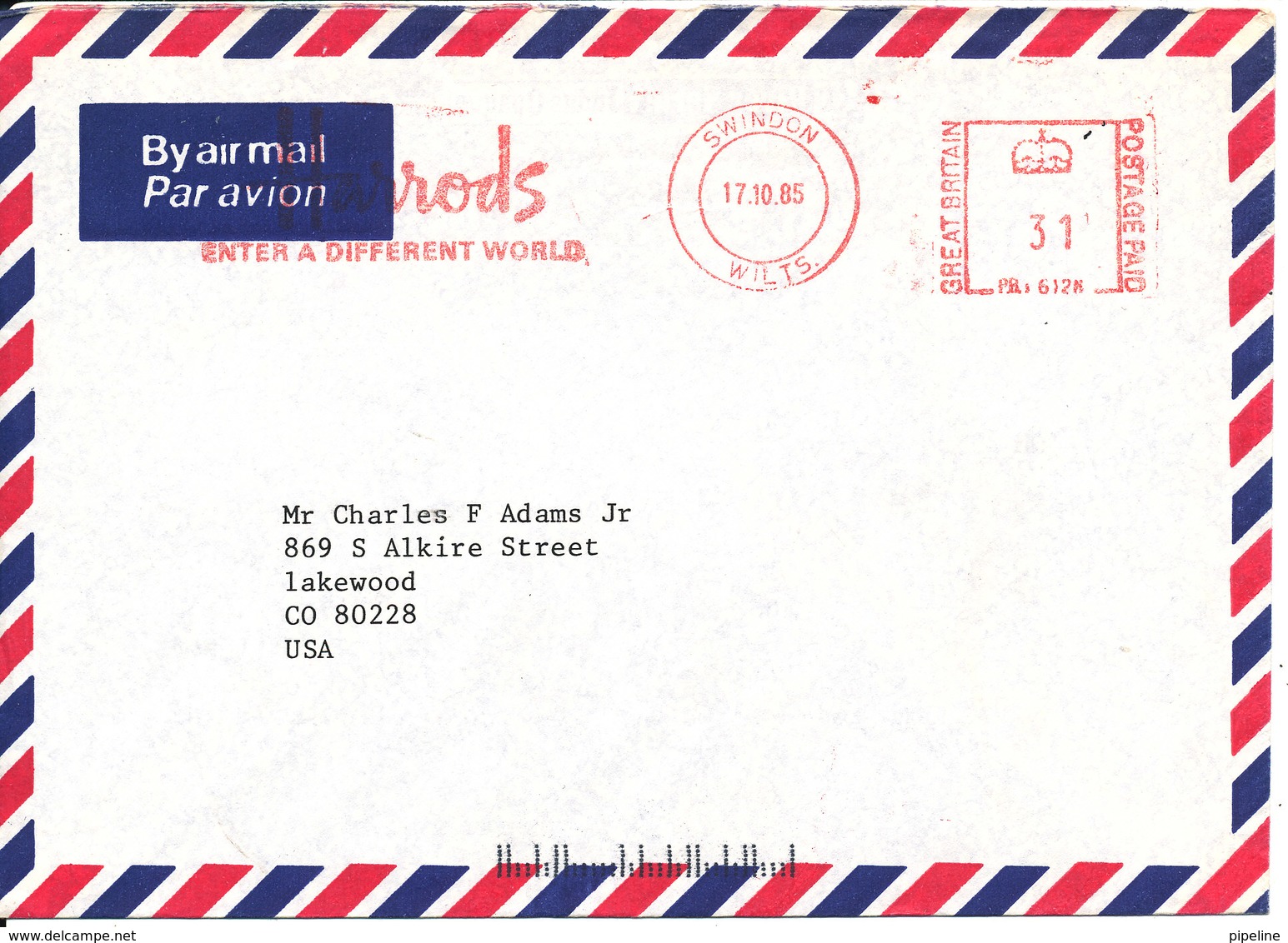 Great Britain Air Mail Cover With Meter Cancel Swindon 17-10-1985 Sent To USA - Covers & Documents