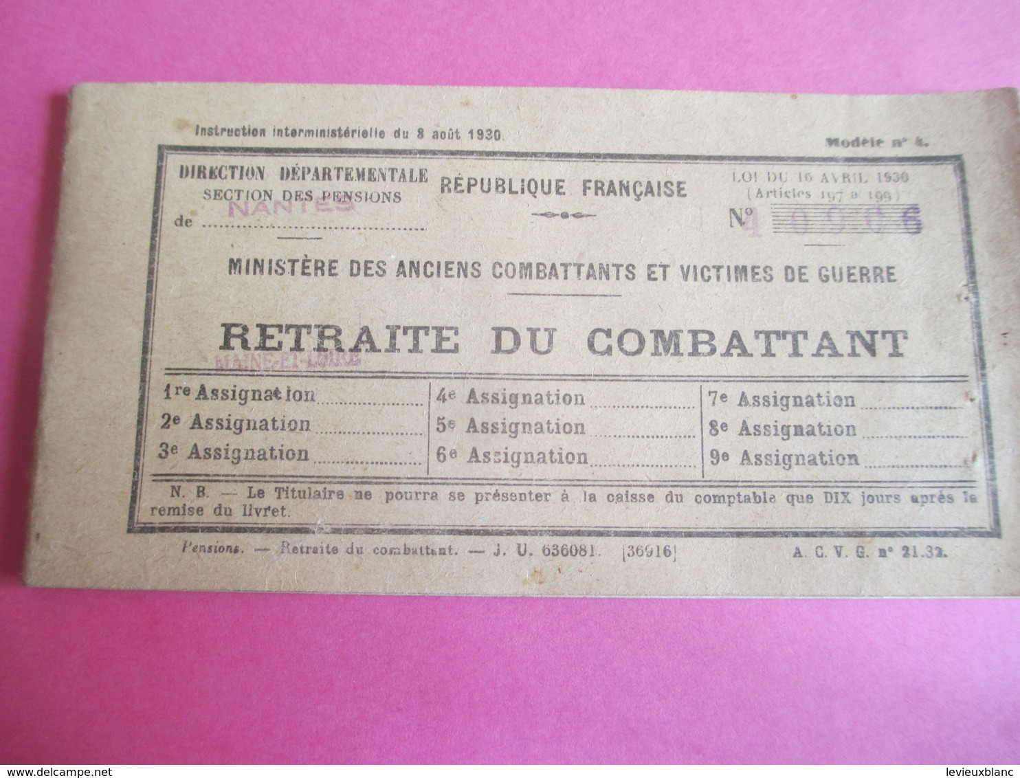 Militaria/Carnet à Souche D'échéances Trimestrielles De Retraite Du Combattant/Jules JAMIN//Nantes/1958    AEC148 - Autres & Non Classés