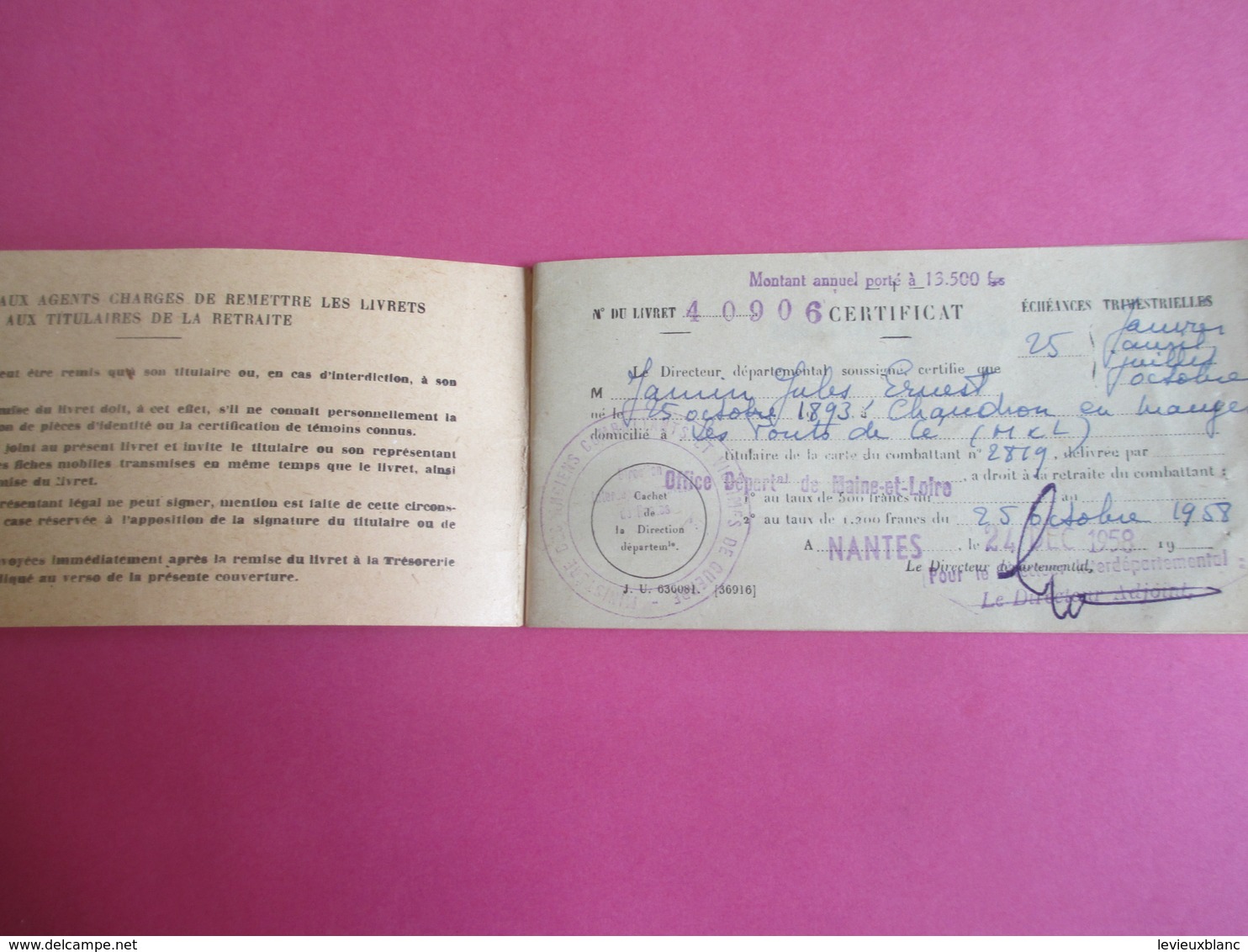 Militaria/Carnet à Souche D'échéances Trimestrielles De Retraite Du Combattant/Jules JAMIN//Nantes/1958    AEC148 - Autres & Non Classés