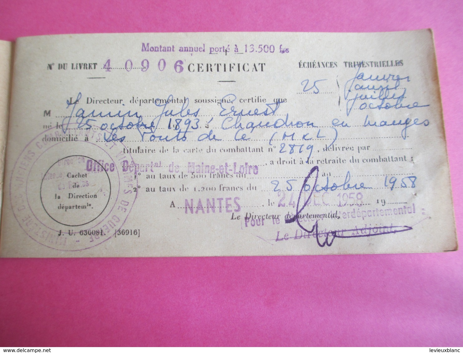 Militaria/Carnet à Souche D'échéances Trimestrielles De Retraite Du Combattant/Jules JAMIN//Nantes/1958    AEC148 - Autres & Non Classés