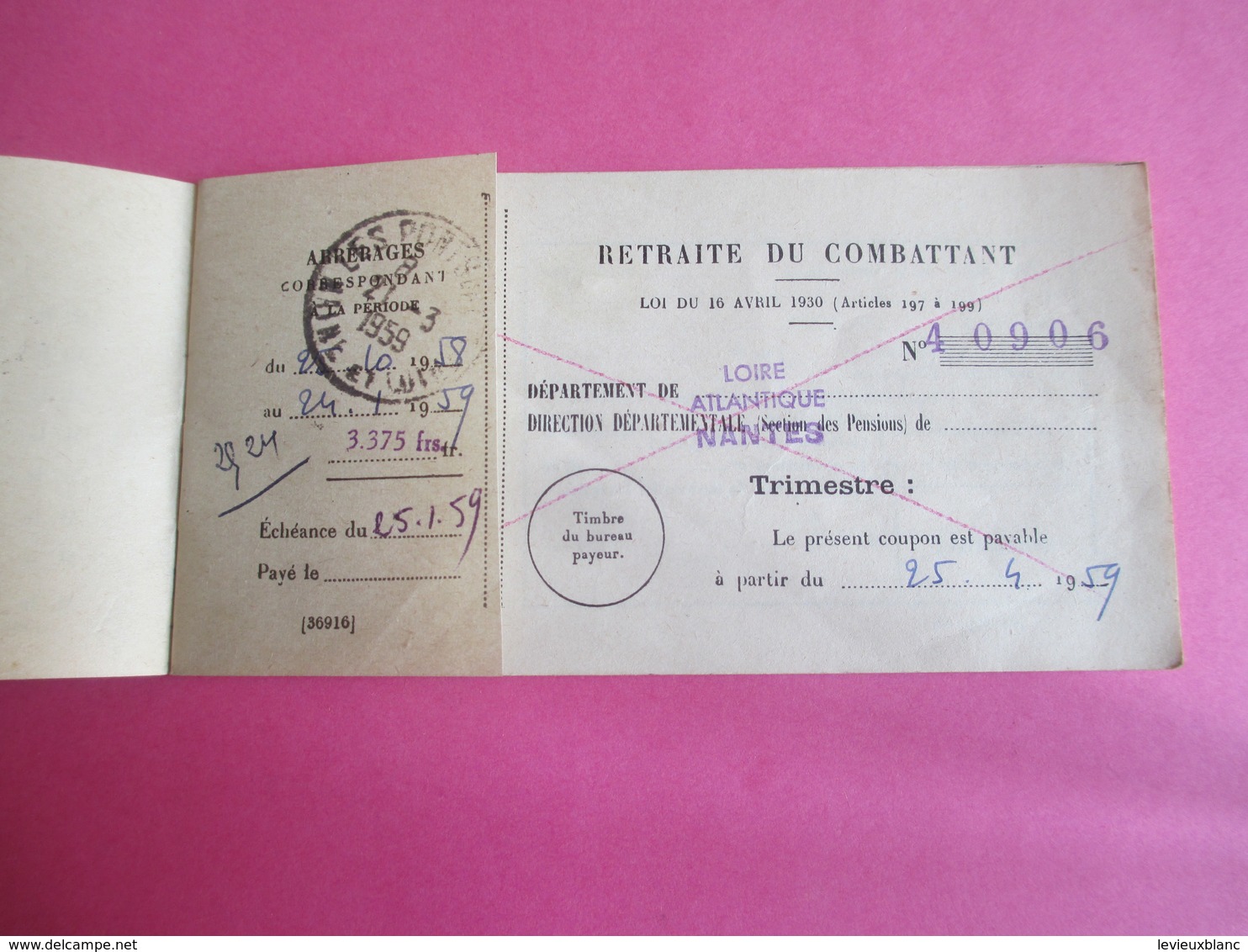 Militaria/Carnet à Souche D'échéances Trimestrielles De Retraite Du Combattant/Jules JAMIN//Nantes/1958    AEC148 - Autres & Non Classés