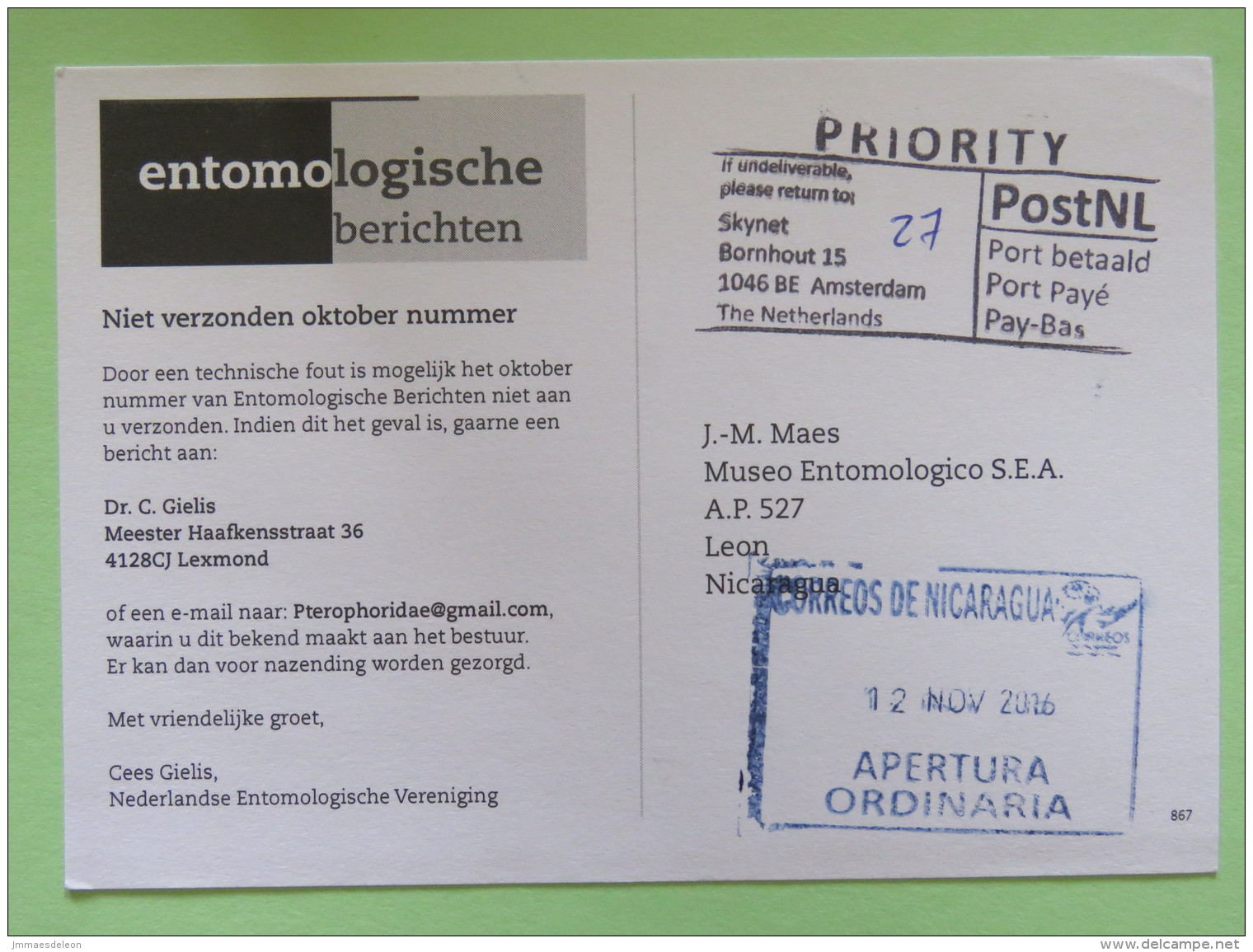 Netherlands 2016 Postcard Amsterdam To Nicaragua - Entomology - Storia Postale