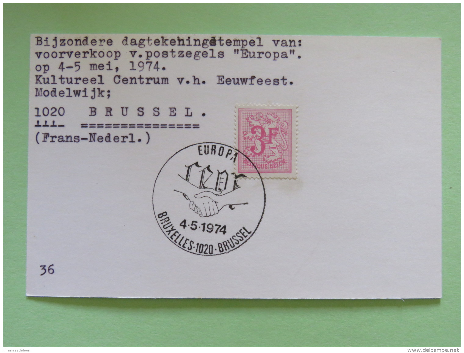 Belgium 1974 Special Cancel Postcard Europa Hands Bruxelles - Covers & Documents