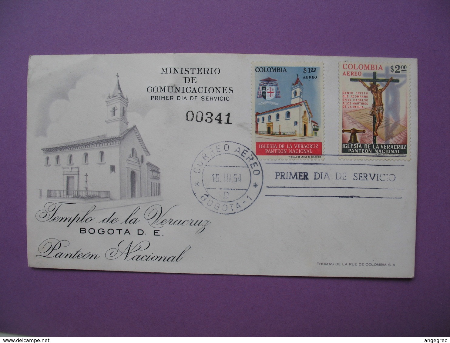 FDC  Colombie  1964  Ministerio E Comunicaciones - Templo De La Veracruz - Pantéon Nacional Bogota D.E.  N°341 - Colombia