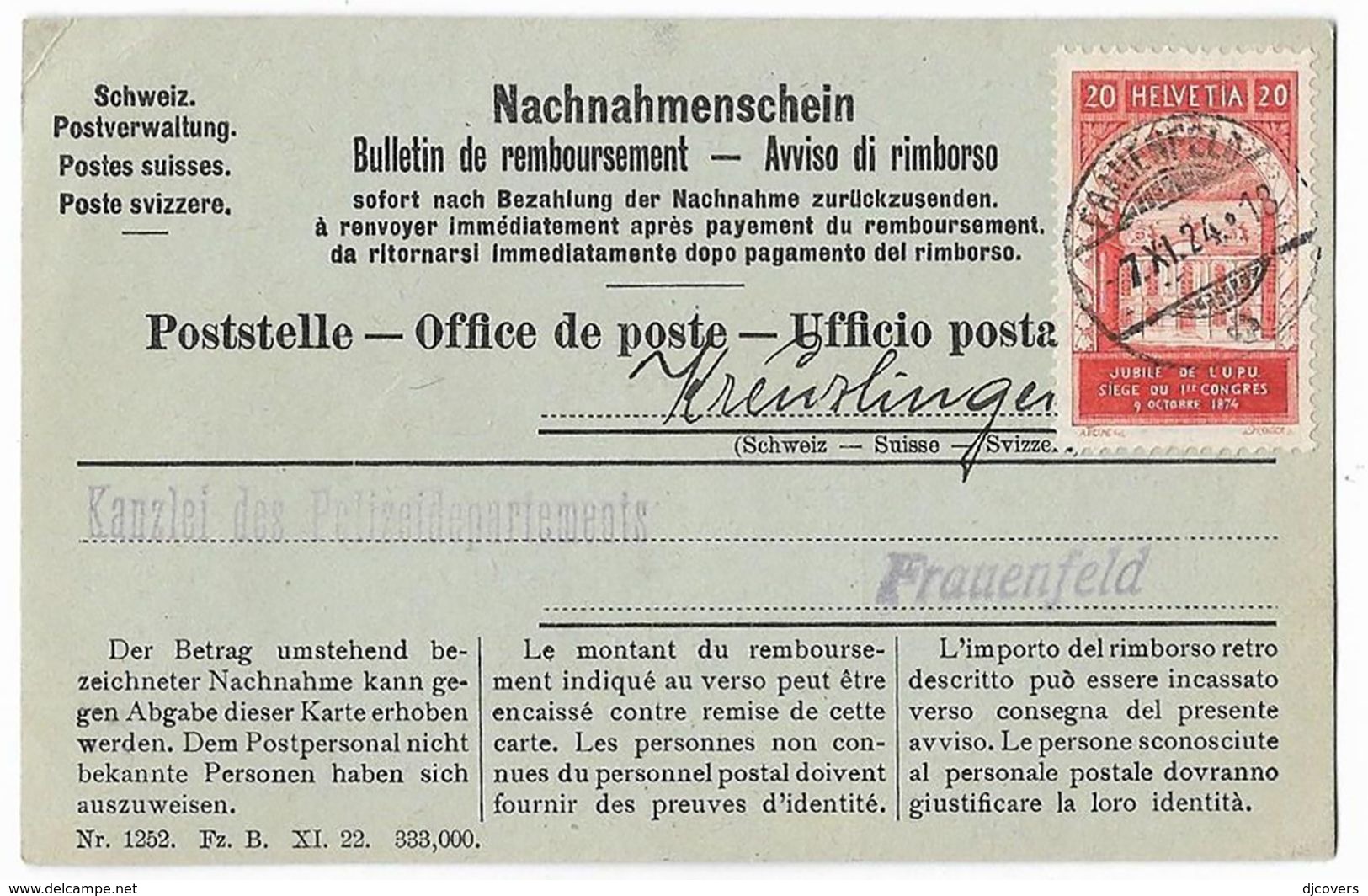 Switzerland 1924 Franked Postal Document Return Receipt - Lettres & Documents