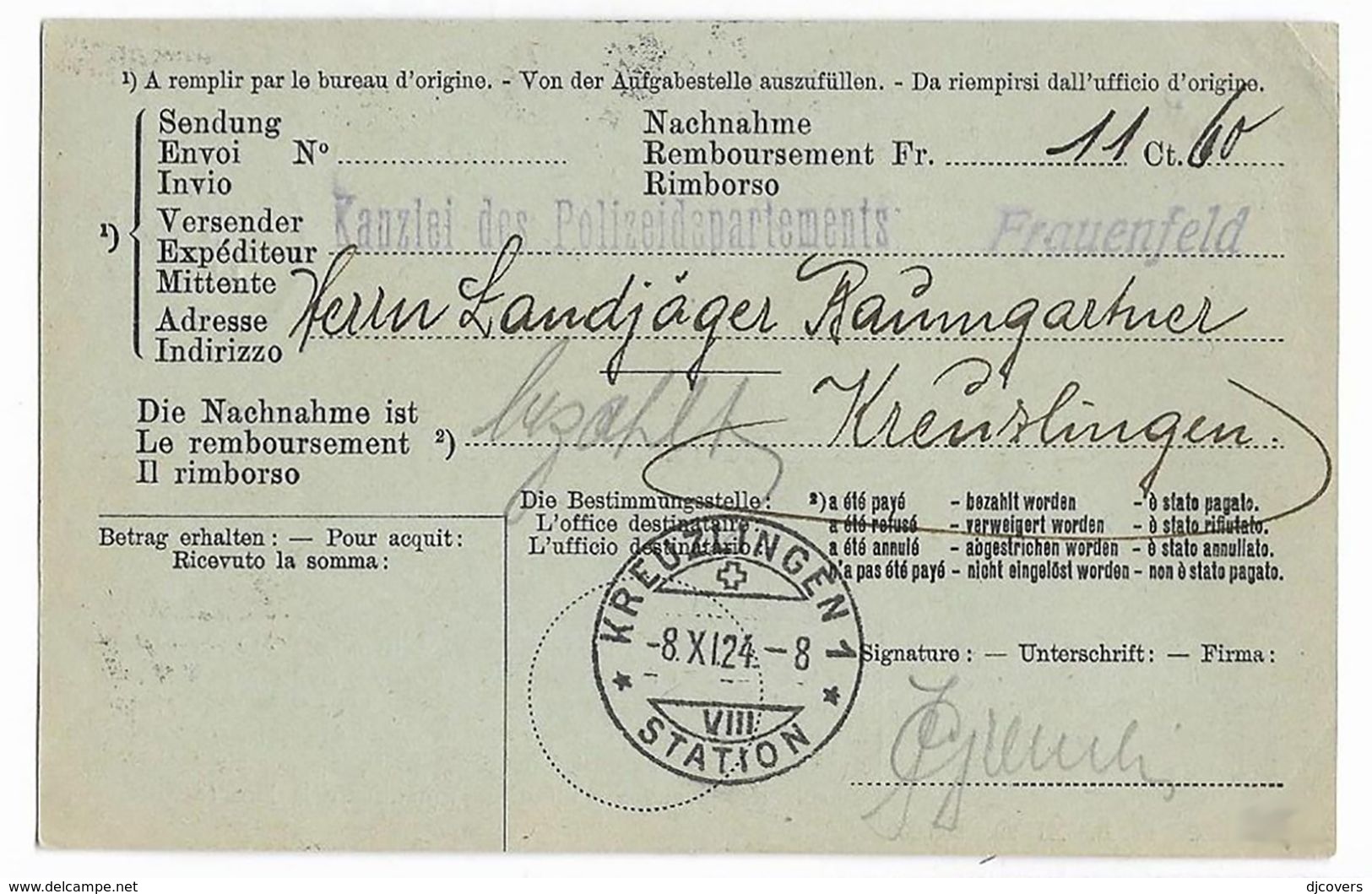 Switzerland 1924 Franked Postal Document Return Receipt - Lettres & Documents