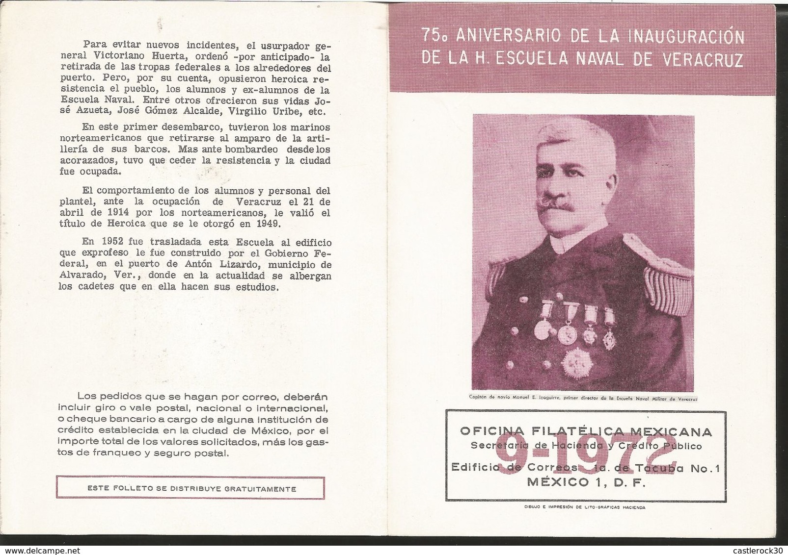 J) 1972 MEXICO, 75th ANNIVERSARY OF THE HEROIC NAVAL SCHOOL OF VERACRUZ, BOAT, FDB - Mexico