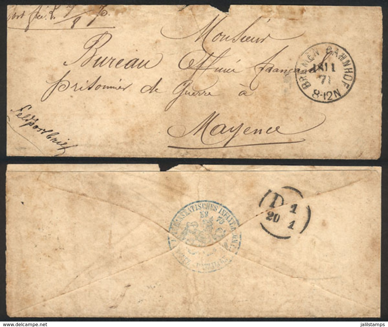 9 GERMANY: Cover (opened On 3 Sides For Display) Sent With Military Free Frank From Bremen To Mayence On 18/NO/1871, Int - Otros & Sin Clasificación