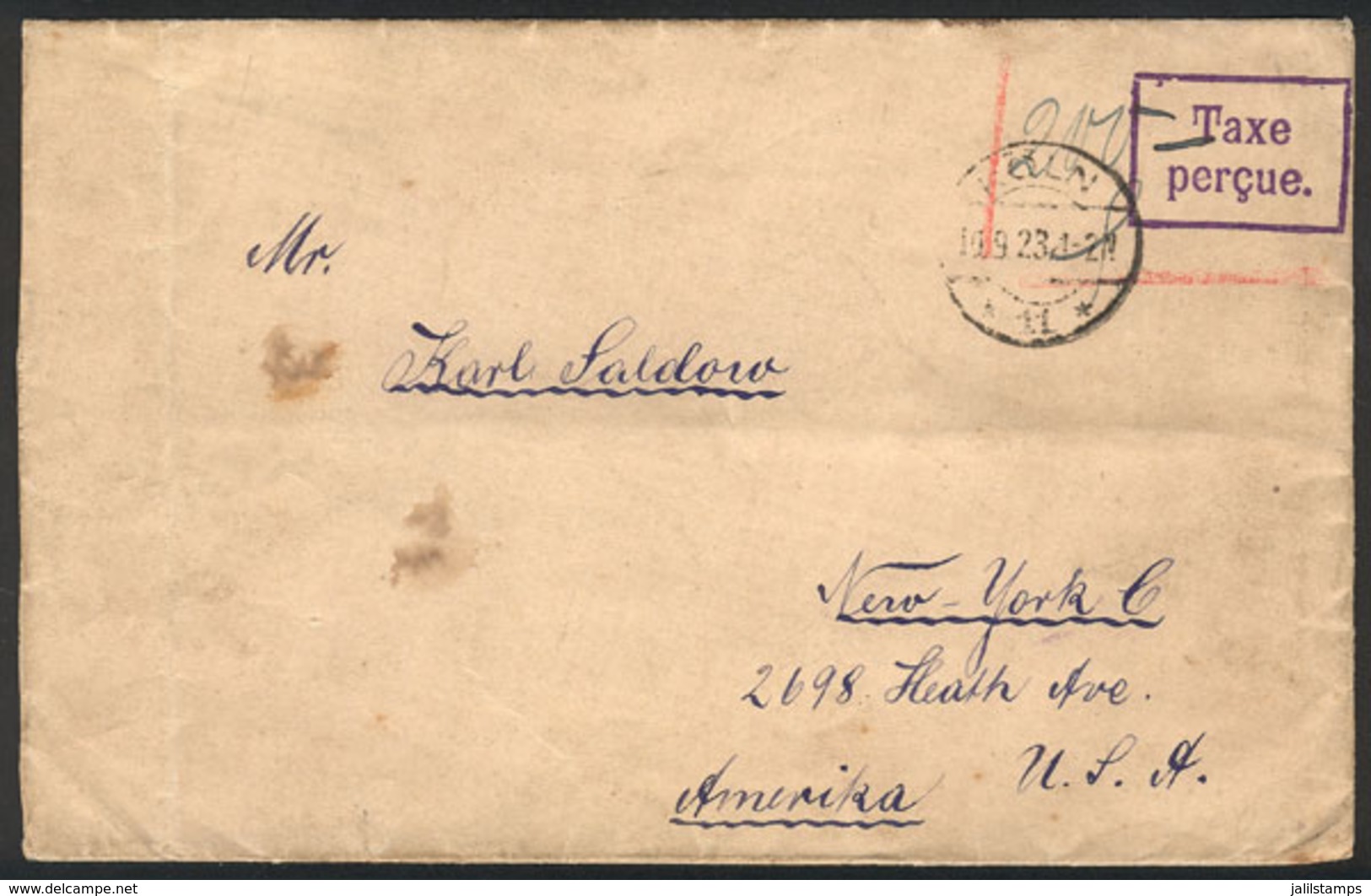 24 GERMANY: Stampless Cover Sent From Köln To USA On 10/SE/1923, With Violet Mark ""TAXE PERÇUE"" And Manuscript ""200"" - Altri & Non Classificati