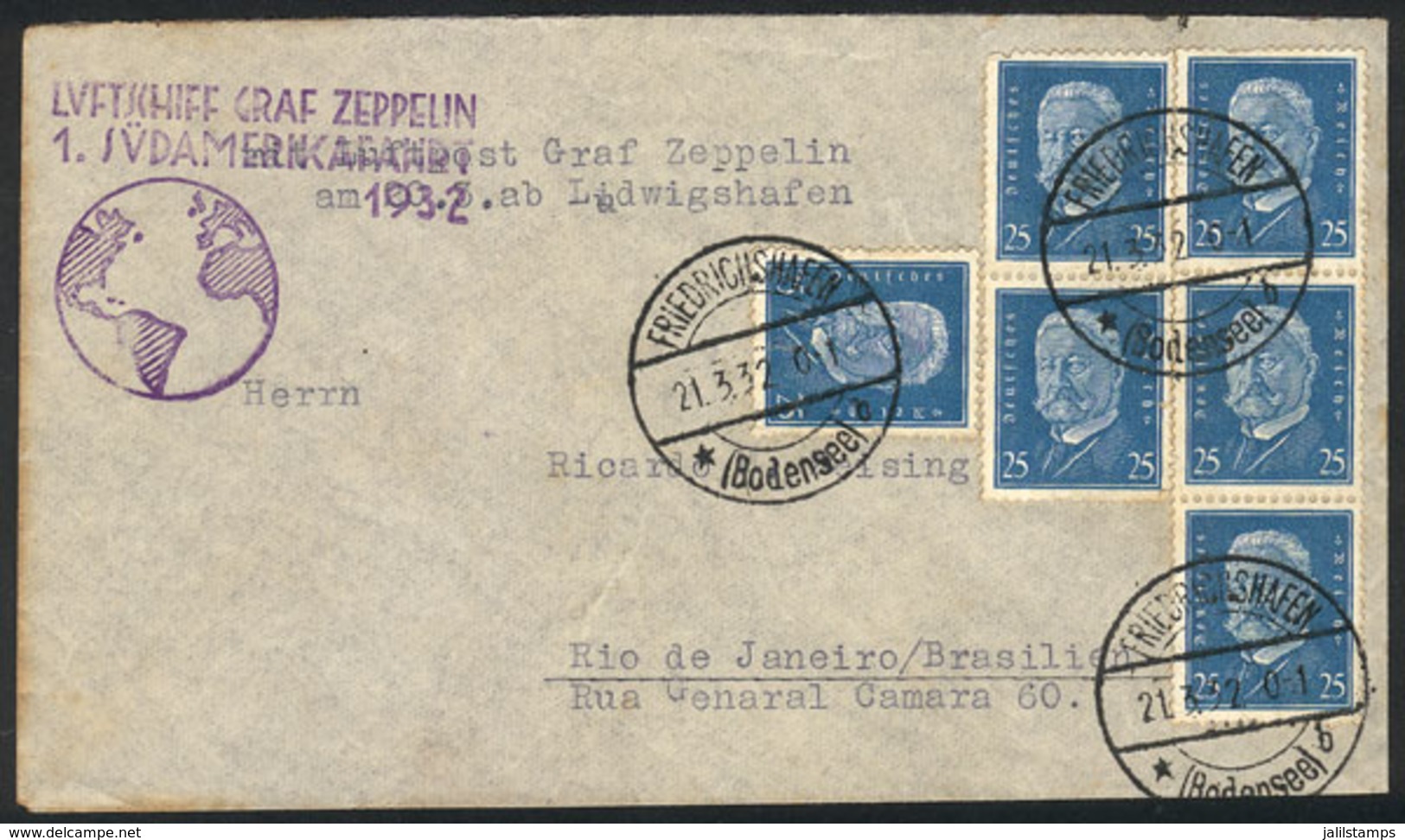 26 GERMANY: Cover Flown By ZEPPELIN, Sent From Friedrichshafen To Rio De Janeiro (Brazil) On 21/MAR/1932, With Special V - Otros & Sin Clasificación