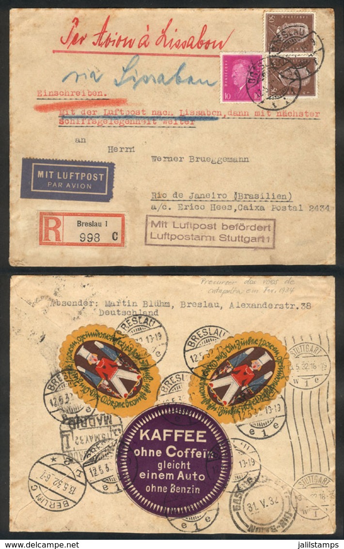 27 GERMANY: Rare Forerunner Of Catapult Mail, With Notable Cinderella Topic COFFEE: Cover Sent By Registered Airmail Fro - Autres & Non Classés