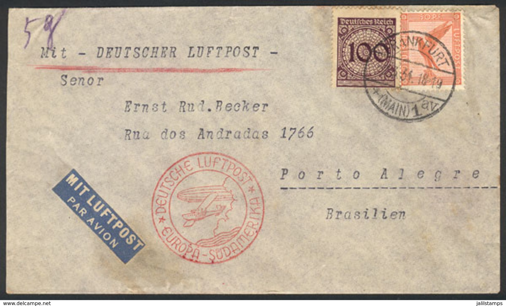 32 GERMANY: Airmail Cover Sent From Frankfurt To Brazil On 2/MAR/1934 Franked With 1.50Mk., VF Quality! - Otros & Sin Clasificación