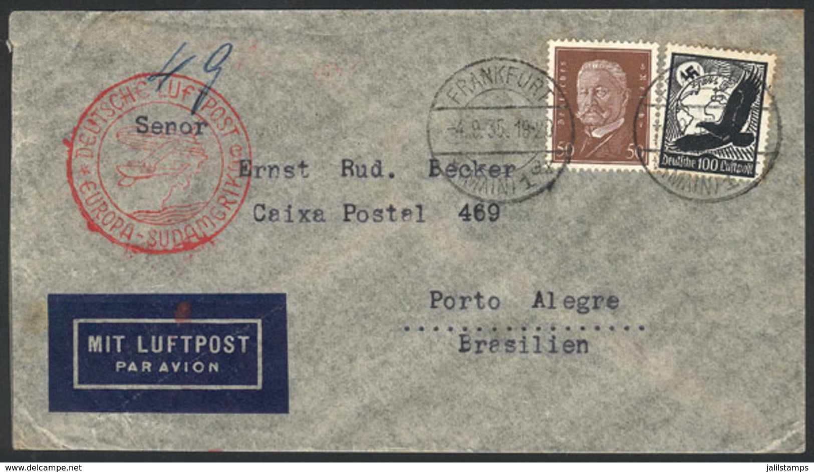 35 GERMANY: Airmail Cover Sent From Frankfurt To Brazil On 4/SE/1935 Franked With 1.50Mk., VF Quality! - Andere & Zonder Classificatie