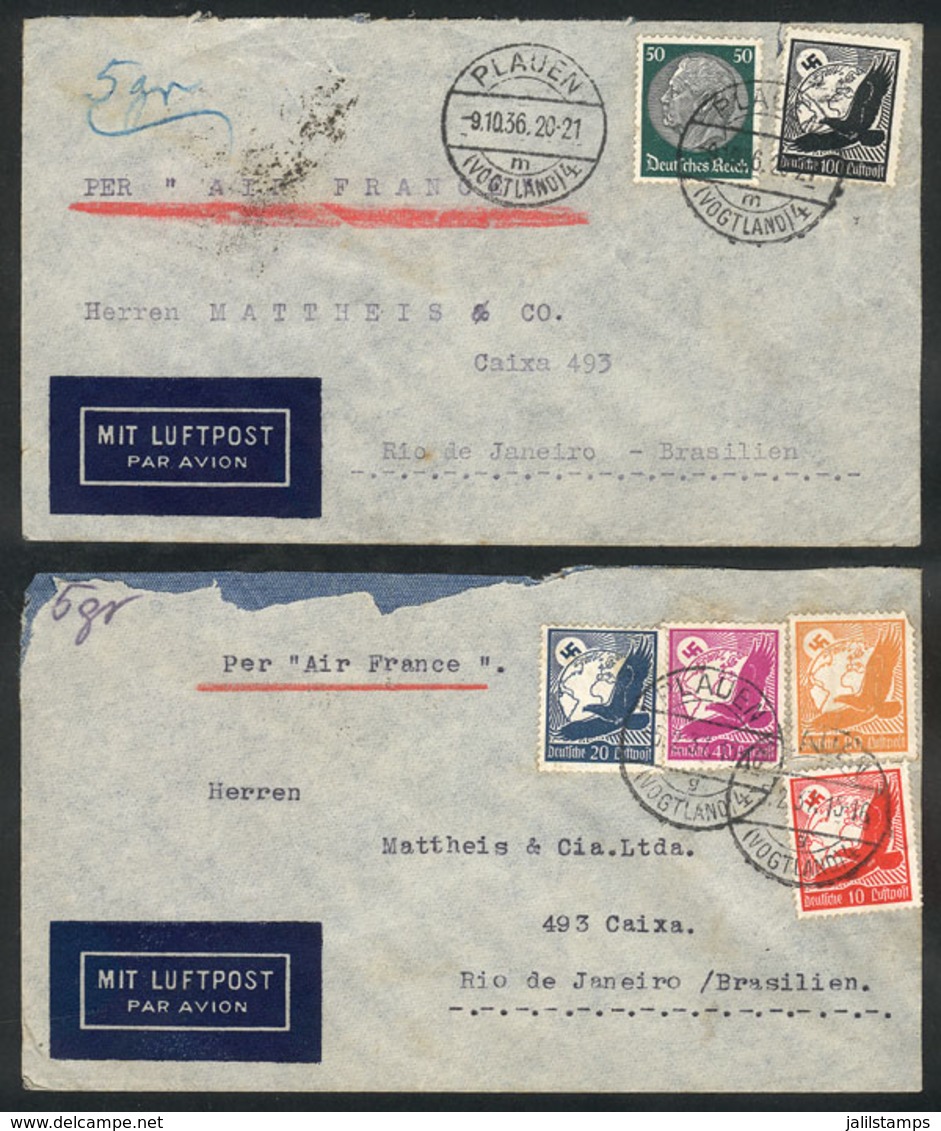 36 GERMANY: 2 Airmail Covers Sent From Plauen To Rio De Janeiro ""vía AIR FRANCE"" On 9/OC/1936 And 5/FE/1937, Both Fran - Autres & Non Classés