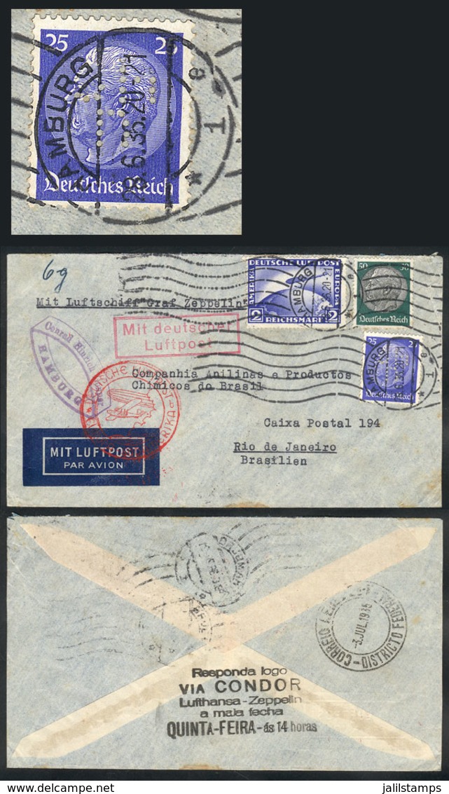 38 GERMANY: Airmail Cover Sent By Zeppelin From Hamburg To Rio De Janeiro On 28/JUN/1936 With Nice Postage Of  2.75Mk.,  - Other & Unclassified