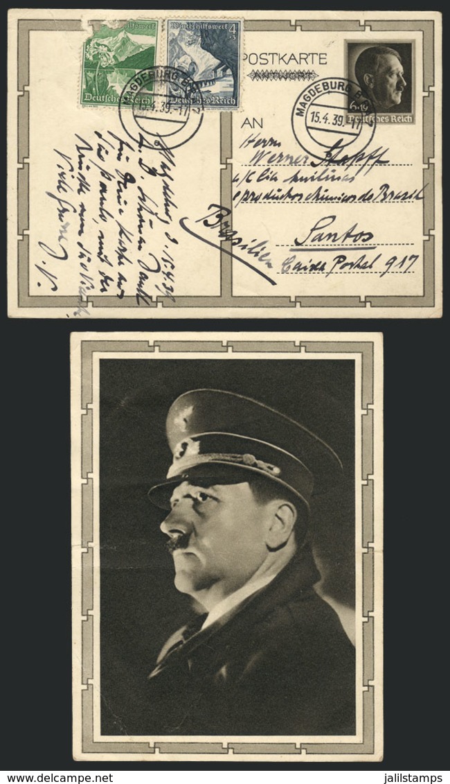 46 GERMANY: Postal Card Illustrated On Back: Hitler With Cap"", Sent From Magdeburg To Santos (Brazil) On 15/AP/1939, Wi - Altri & Non Classificati