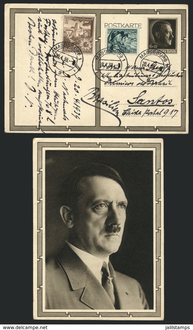 49 GERMANY: Postal Card Illustrated On Back: Portrait Of Hitler"", Sent From Magdeburg To Santos (Brazil) On 20/AP/1939, - Sonstige & Ohne Zuordnung