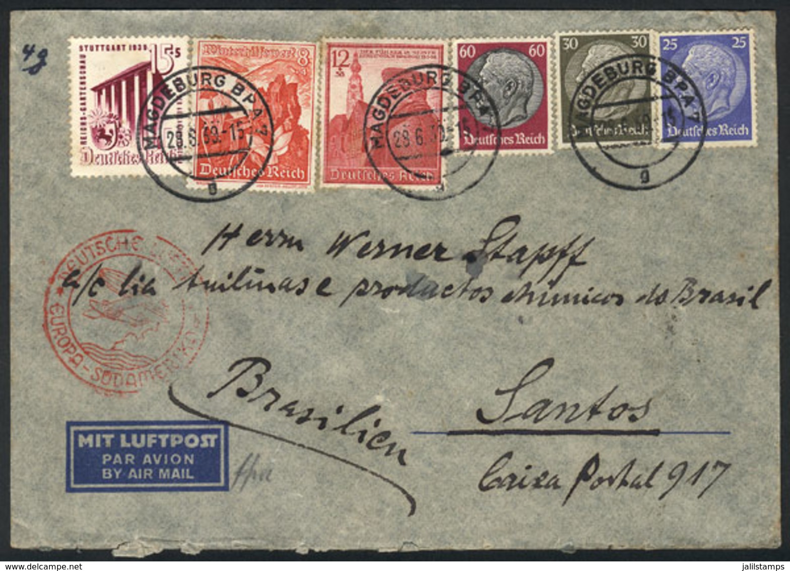 54 GERMANY: Airmail Cover Sent From Hamburg To Brazil On 28/JUN/1939, Nice Multicolored Postage! - Other & Unclassified