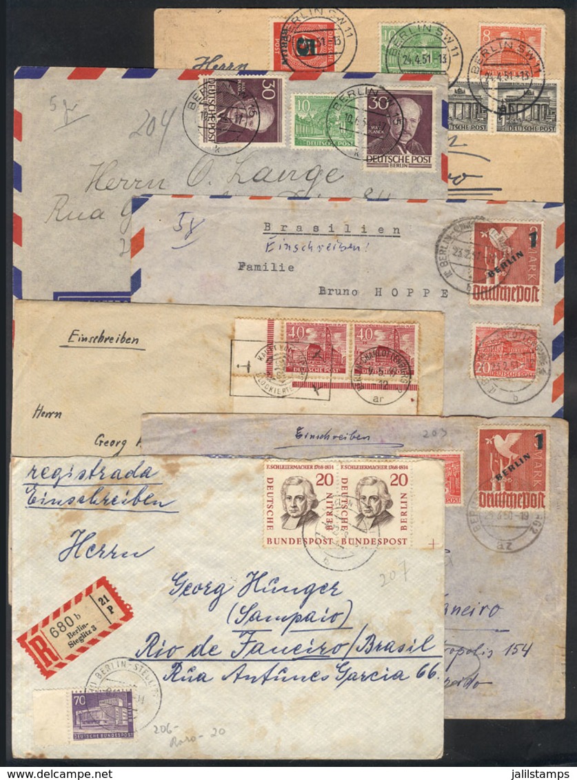 74 GERMANY - BERLIN: 6 Covers Sent To Brazil Between 1949 And 1959 With Nice Postages, Some With Small Stain Spots, High - Storia Postale