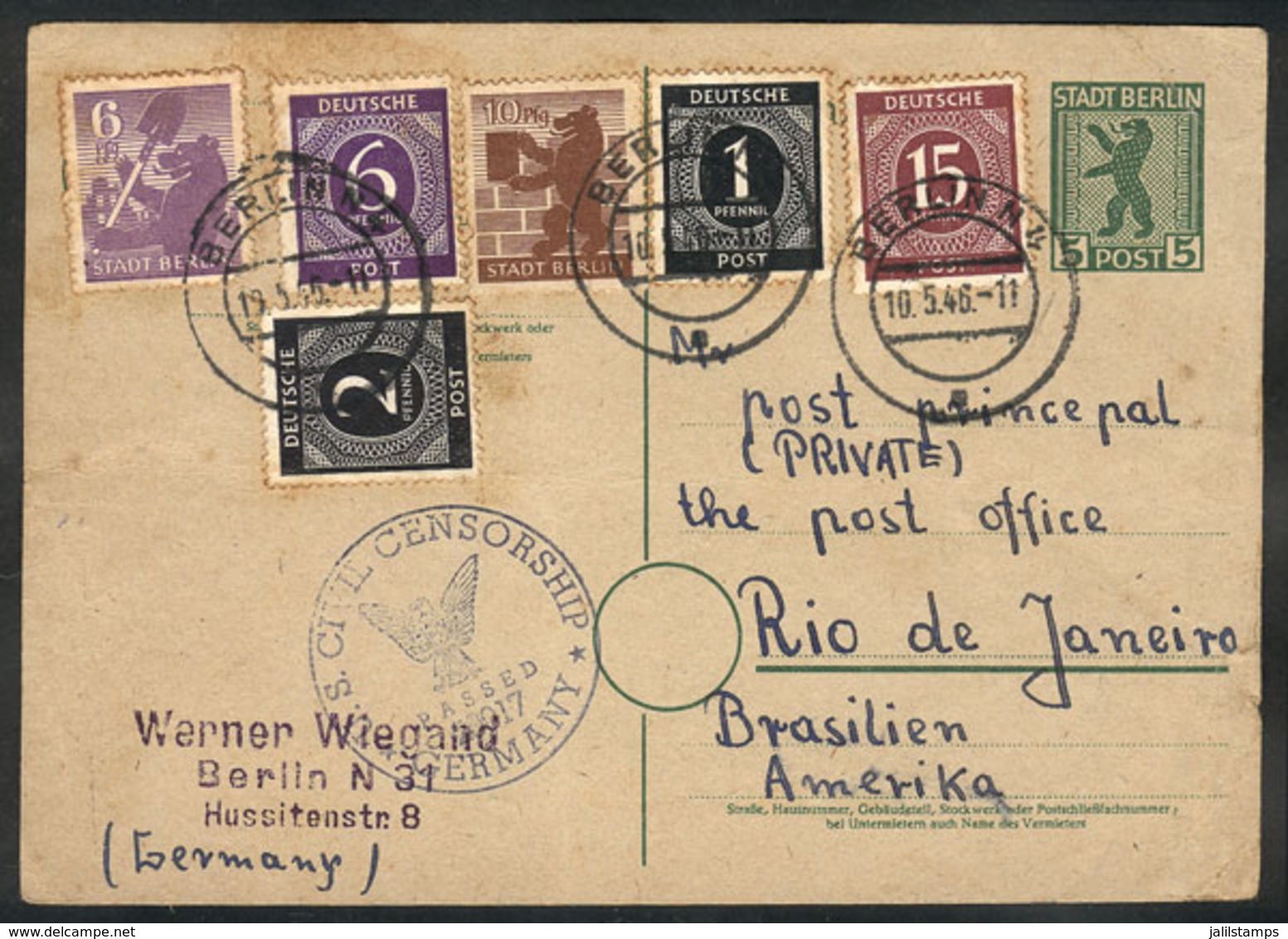 76 GERMANY - BERLIN: Card Sent To Rio De Janeiro On 10/MAY/1946 With Very Handsome Multicolor Postage, Minor Defects, Be - Storia Postale