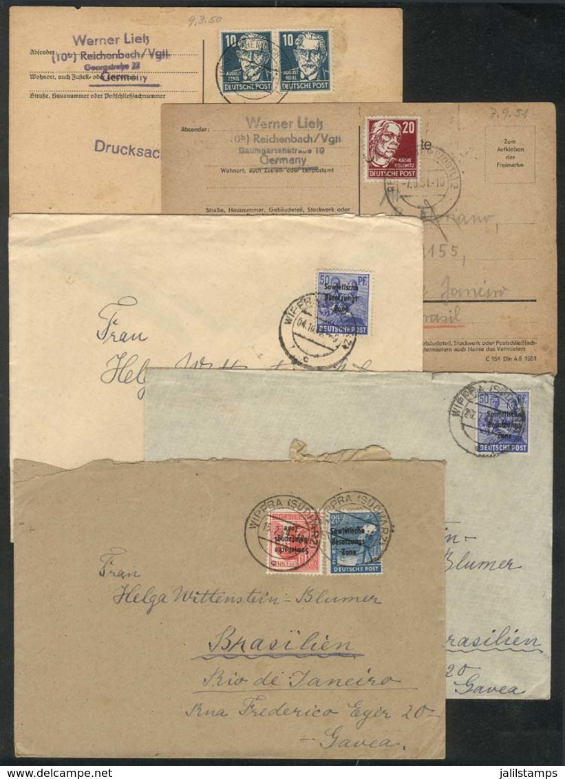 78 GERMANY - SOVIET OCCUPATION: 3 Covers + 2 Cards Sent To Brazil Between 1948 And 1951, Interesting Postages, High Mich - Besetzungen 1938-45