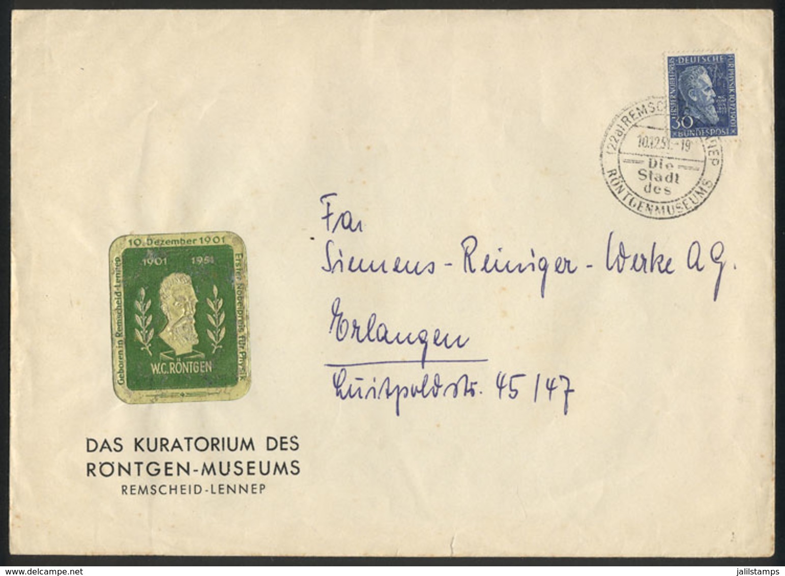 80 WEST GERMANY: Cover Franked With Michel 147, Cancelled On 10/DE/1951 (first Day Of Issue), Fine Quality, Catalog Valu - Briefe U. Dokumente