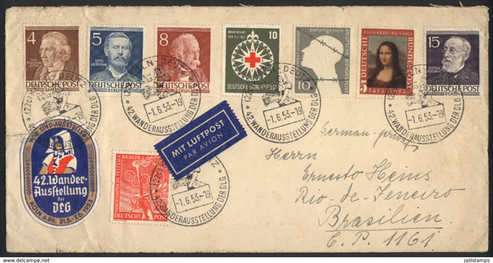 82 WEST GERMANY: Cover Sent From Köln-Deutz To Rio De Janeiro On 1/JUN/1953 With Very Nice Multicolored Postage! - Storia Postale