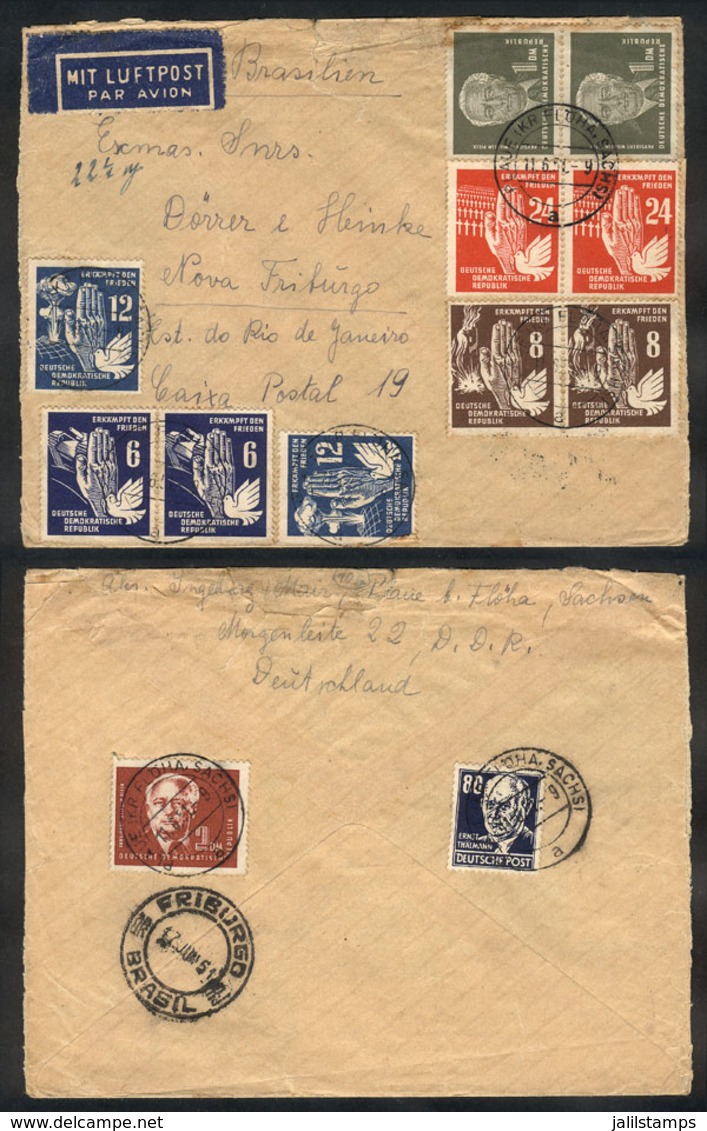 84 EAST GERMANY: Airmail Cover Sent From Plaue To Rio De Janeiro On 11/JUN/1951 With Very Attractive Postage, With Minor - Otros & Sin Clasificación