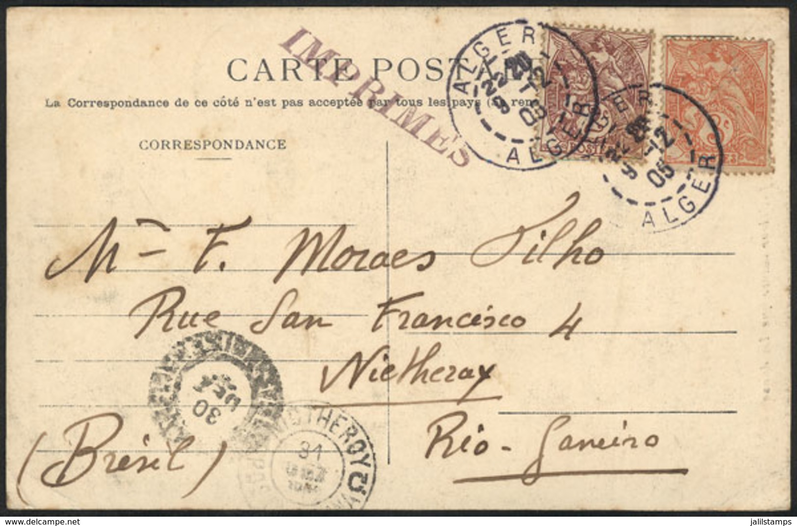 87 ALGERIA: Postcards (dancers, Editor J.Geiser) Franked With France Stamps Of 2c. And 3c., Sent From Algiers To Brazil  - Altri & Non Classificati