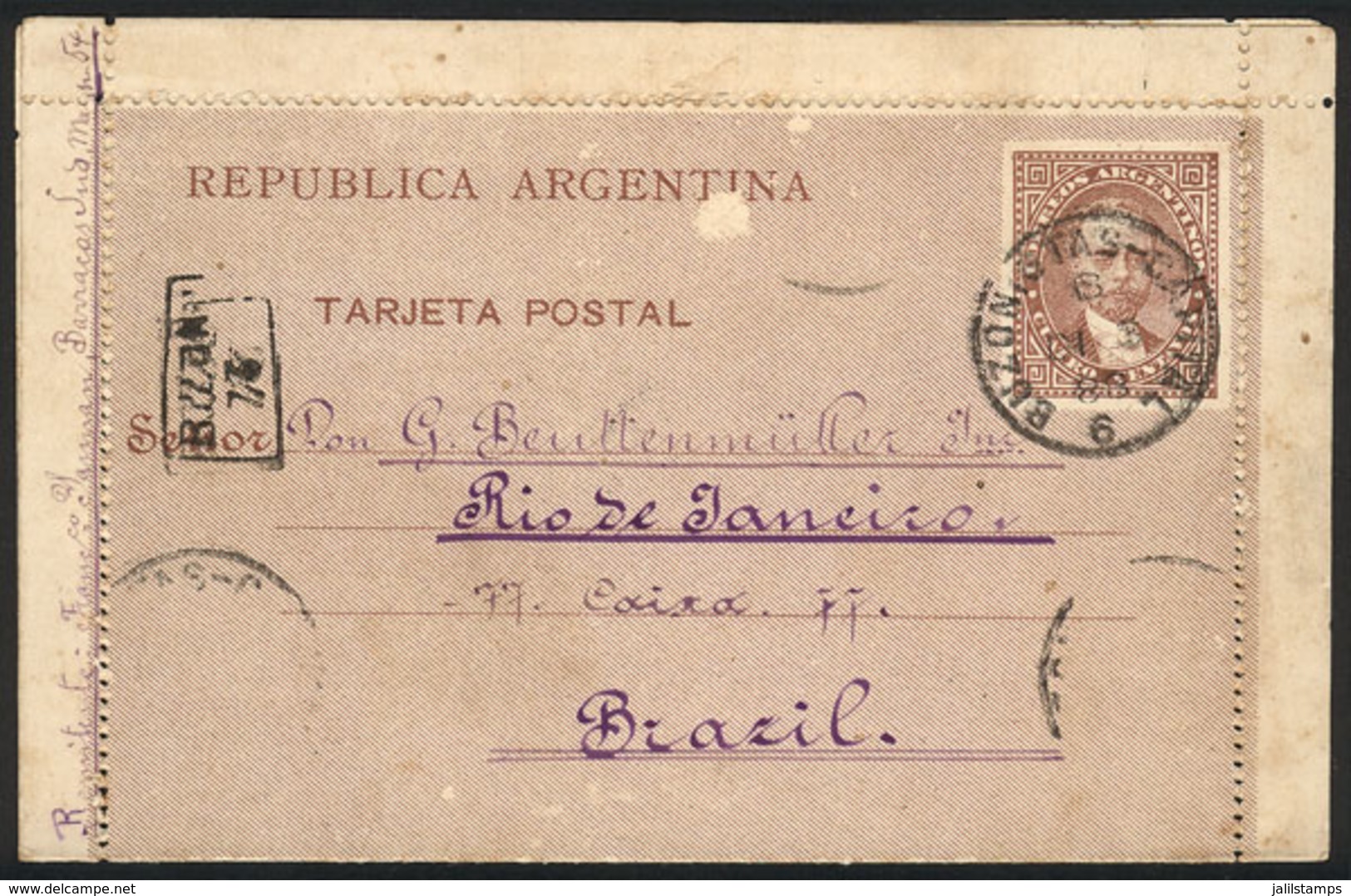 88 ARGENTINA: 4c. Lettercard Missing The Additional Postage That It Had Affixed To Pay Delivery From Buenos Aires To Rio - Altri & Non Classificati