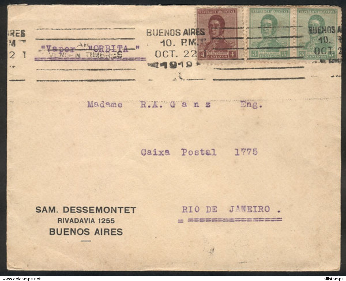 90 ARGENTINA: Cover Sent From Buenos Aires To Rio De Janeiro On 22/OC/1919 With Nice Postage Of 10c., VF Quality! - Sonstige & Ohne Zuordnung