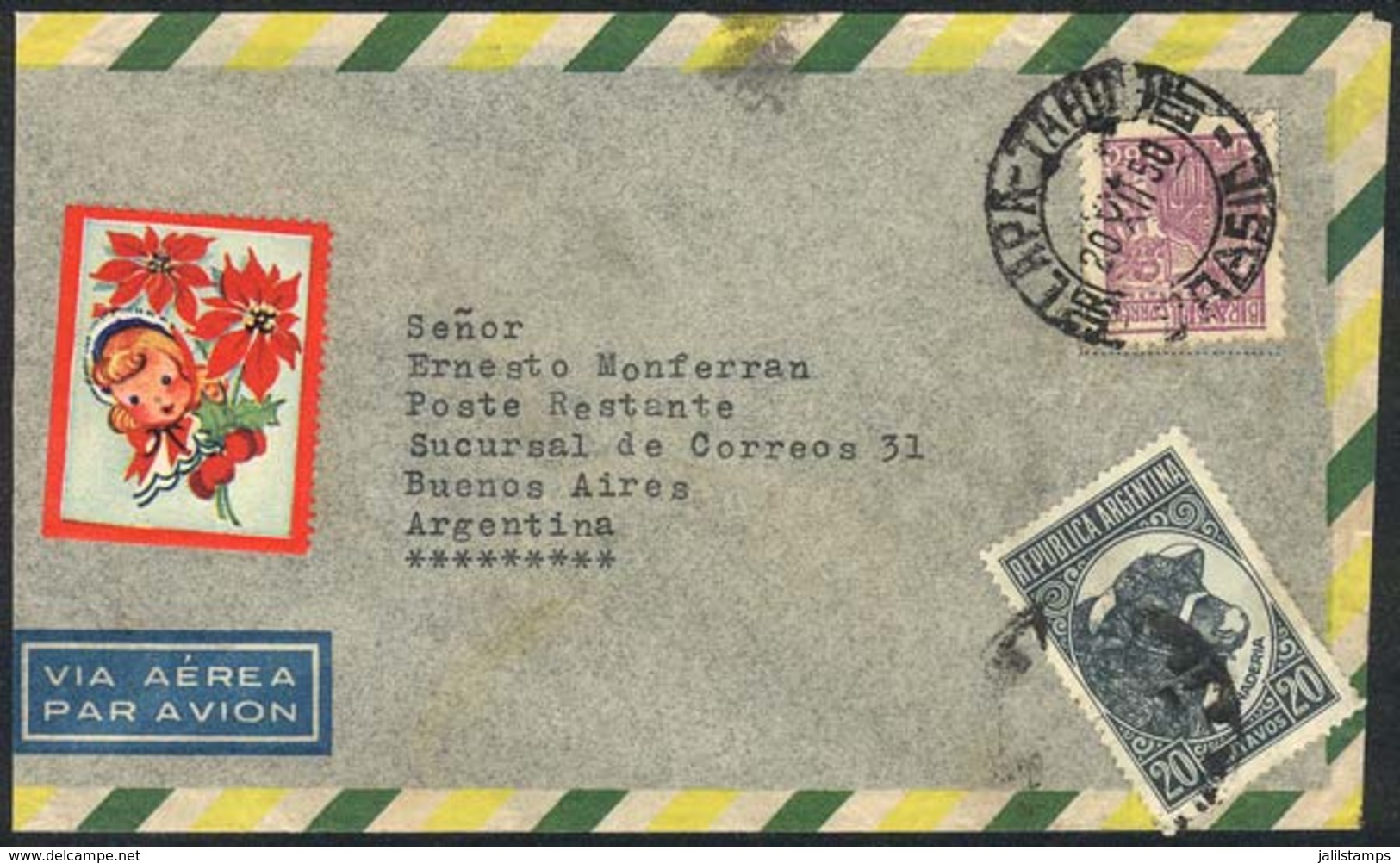 92 ARGENTINA: Cover Sent From Brazil To POSTE RESTANTE In Buenos Aires On 20/DE/1950, With Argentine Stamp Of 20c. Bull  - Sonstige & Ohne Zuordnung