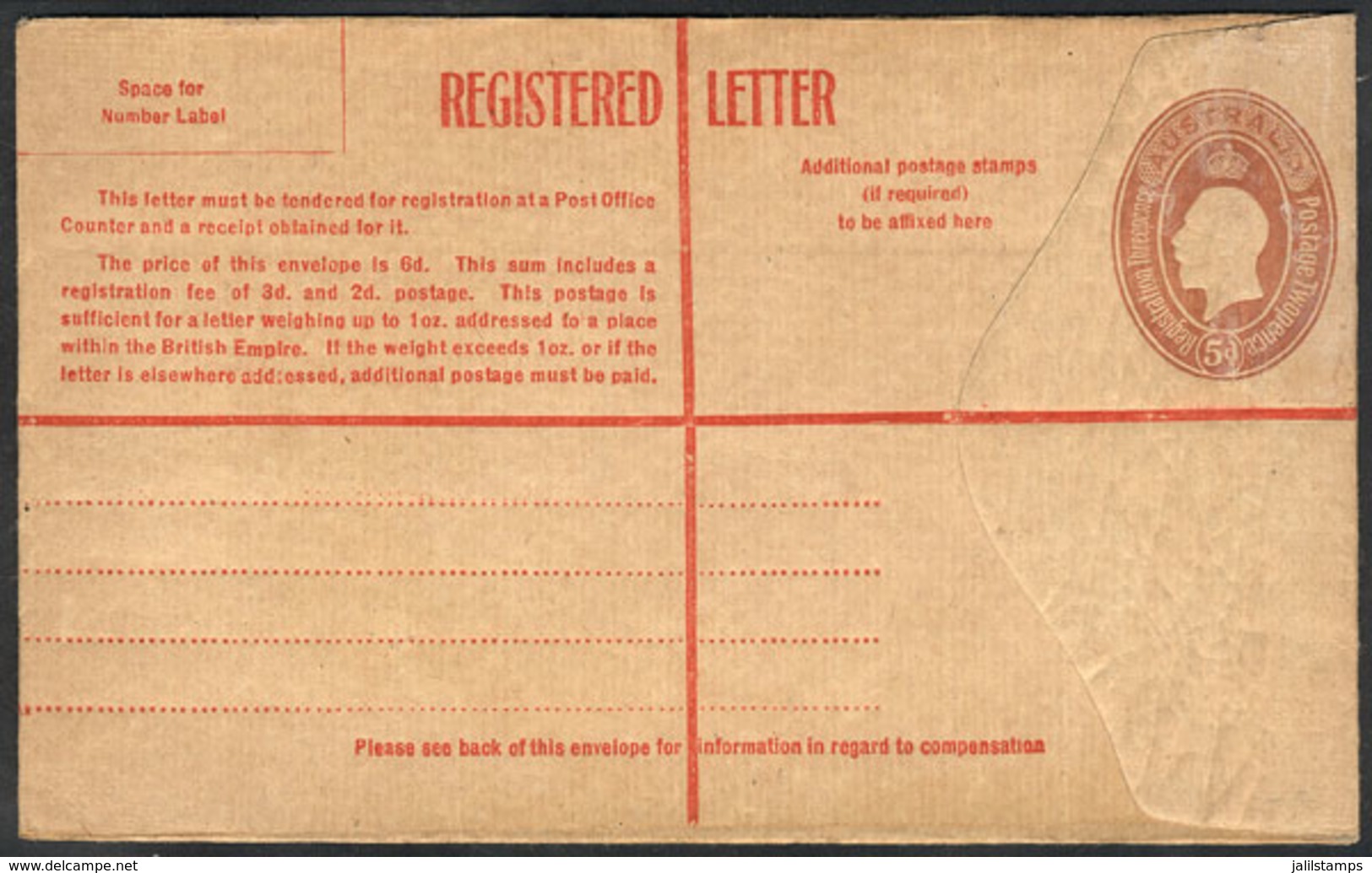 93 AUSTRALIA: 5p. Stationery Envelope For Registered Mail, Unused, Fine Quality! - Sonstige & Ohne Zuordnung