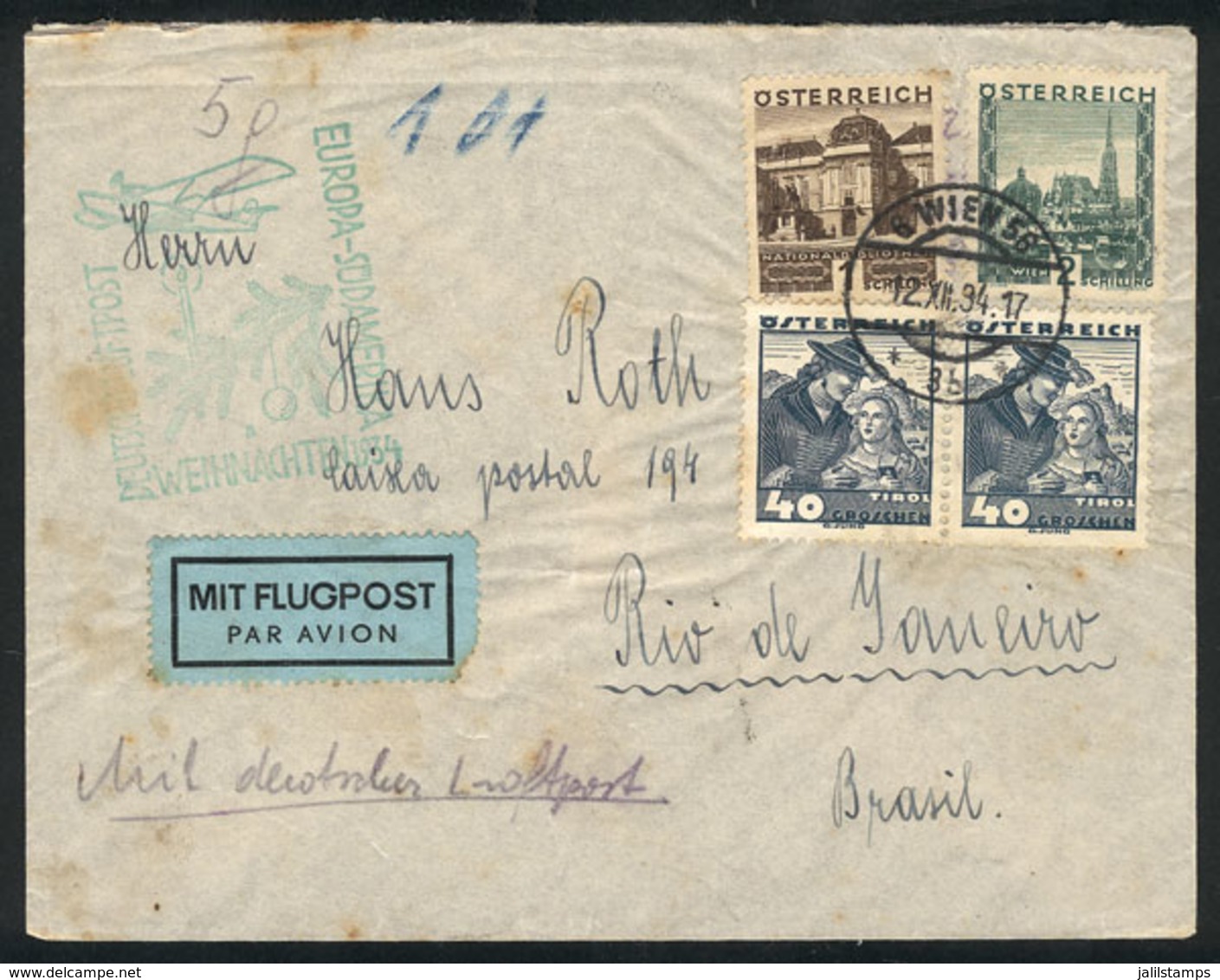 100 AUSTRIA: Airmail Cover Sent By ZEPPELIN From Wien To Rio De Janeiro On 12/DE/1934 On The Christmas Flight To South A - Sonstige & Ohne Zuordnung